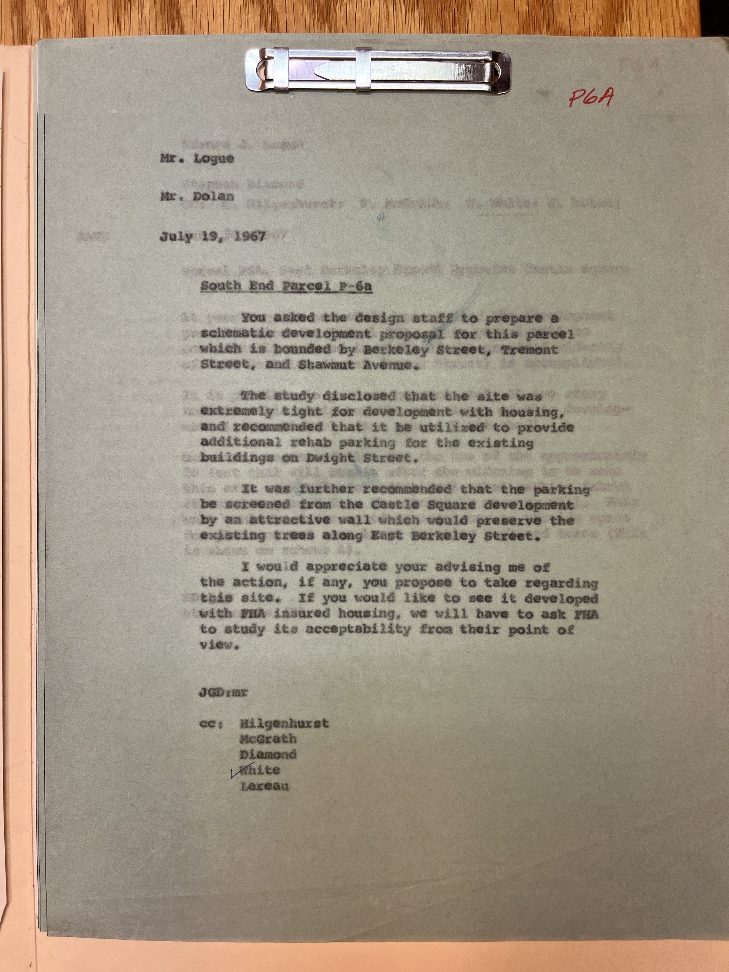 July 19, 1967 — Boston Redevelopment Authority Memo Re: Parcel P6A