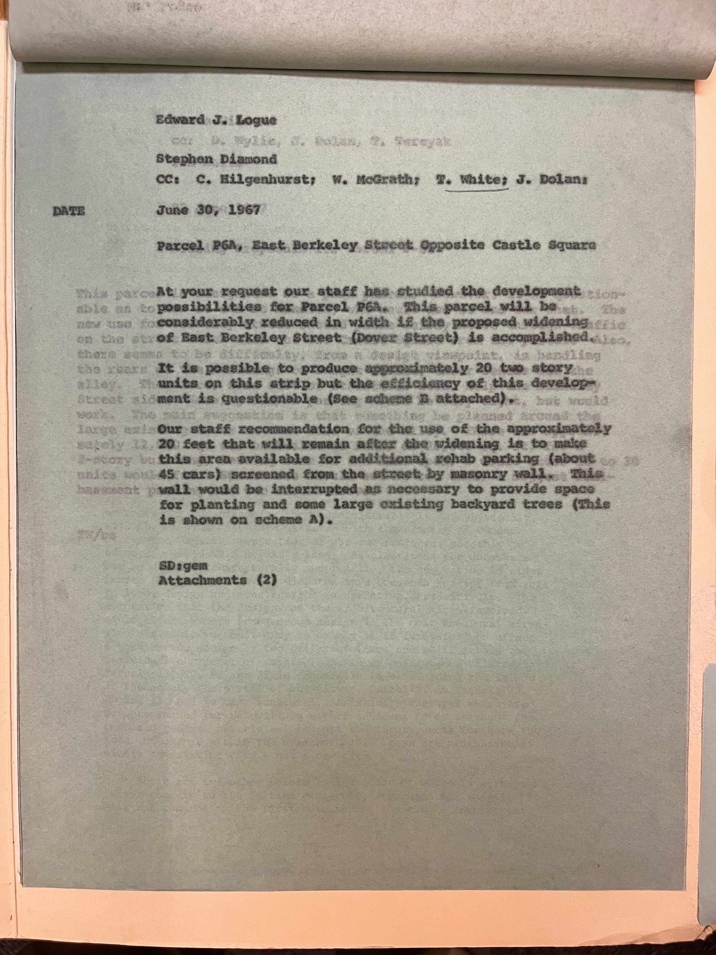 June 30, 1967 — Boston Redevelopment Authority Internal Memo Re: Parcel P6A