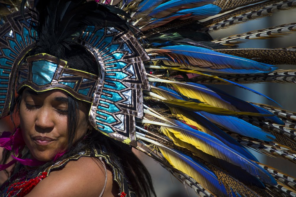  An Aztec heritage dancer wears traditional regalia during the Latino Heritage Festival in Des Moines, Iowa, Sept. 26, 2015.   DoD News Photo By EJ Hersom  