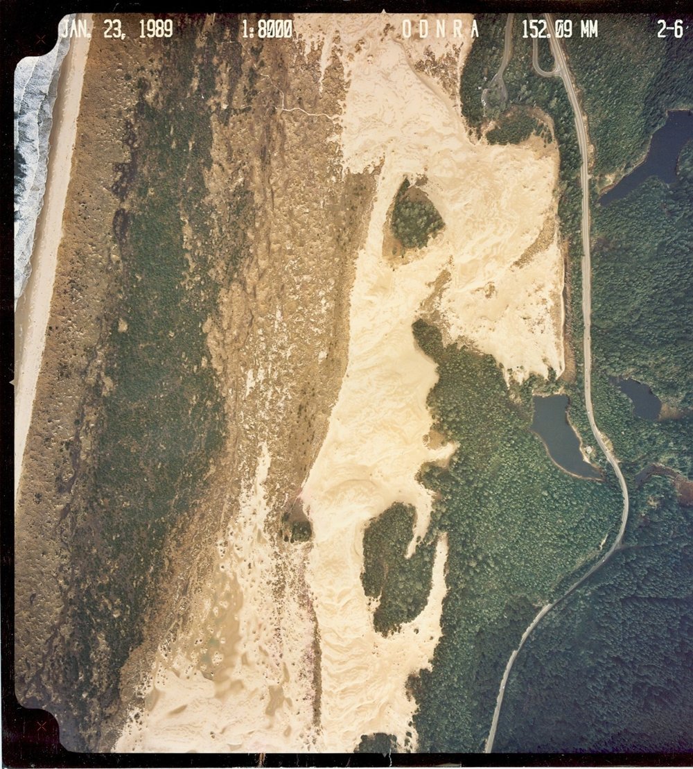  An aerial photo of the Oregon Dunes Day Use area, taken in 1989. Courtesy of the Forest Service. 