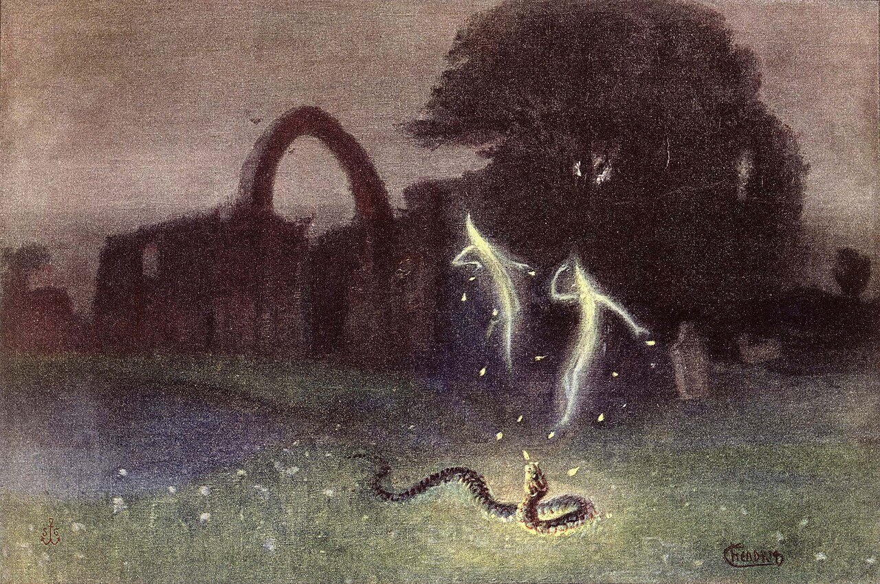 An oil painting depicts two ghost-like figures floating above a boggy landform. A snake arches its head towards the figures.