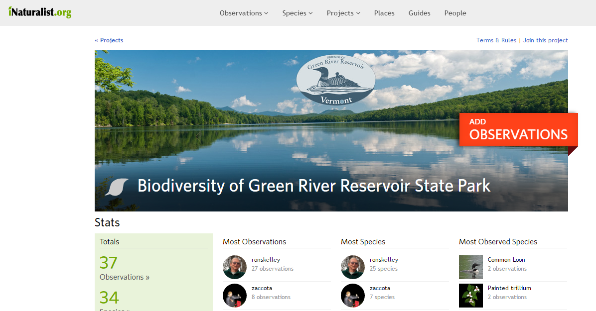 i Naturalist Biodiversity Project Calling all park visitors who enjoy exploring nature, especially those with cameras or smartphones. You can contribute to a better understanding of what natural species occur within Green River Reservoir State Park. Your subject can be a flower, a bird, a tree, an animal, an insect or any other living organism. Just note its location, try to identify it and, if possible, take a close-up picture of it. Then when you get web access, sign up with iNaturalist.org , search for Biodiversity of Green River Reservoir State Park under Projects. If you don’t know the identity of your subject, check off the ID Please! box and other citizen naturalists will try to identify it for you. Check back in a few days to see if it has been identified. All identifications have to be confirmed by others. For those of you with young children, this is a great way to introduce them to nature. You can even download an iNaturalist app for your smartphone, When using the app, date will be automatic. Location will also be automatic, depending on your privacy settings. Observations for this project will also show up on the map for iNaturalist Vermont, a broader project covering the entire state that is part of Vermont Center for Ecostudies’ Atlas of Life. This project is sponsored by Friends of Green River Reservoir in collaboration with the Vermont Department of Forests, Parks and Recreation. As an incentive to get involved, one of our large tote bags or merchandise of similar value will be offered to the person with the most species observed in any one calendar year. The park has a broad range of natural habitats to explore, from the kettle ponds and intermediate fen in the Zack Woods section to the wide variety of forest types along the shores of the reservoir and the swamps, marshes and bogs at its north end. So go forth and explore. Who knows? You might even discover a new species! 