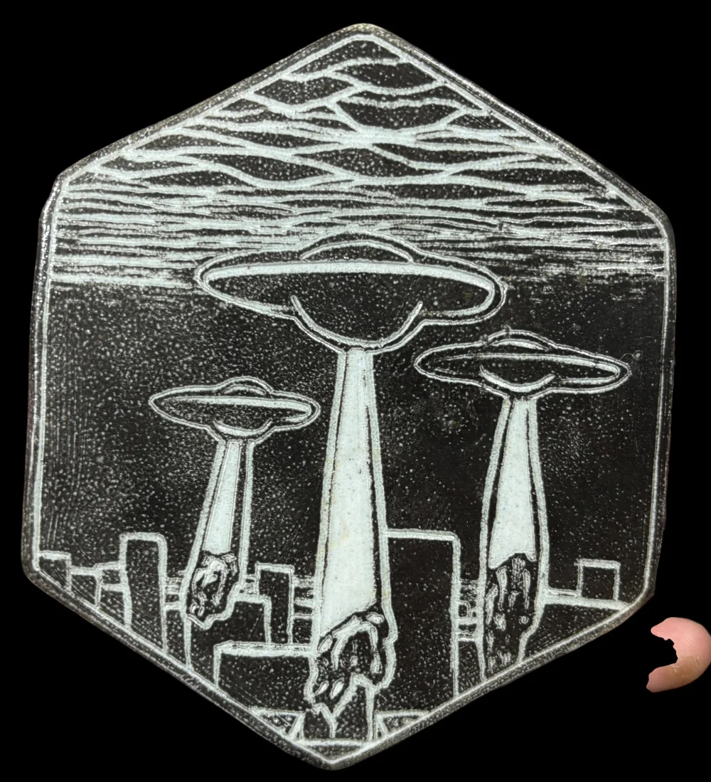 UFO Invasion tile, 6” hexagonal, salt and wood fired porcelain
