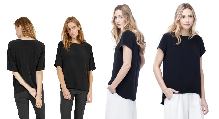 Everlane silk tee on left and Cuyana silk tee on right