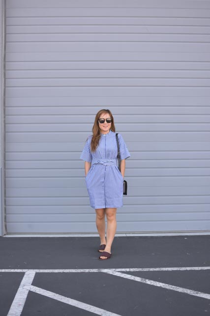 everlane cotton collarless belted shirt dress