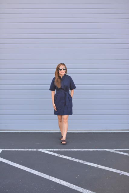 the cotton collarless belted shirtdress