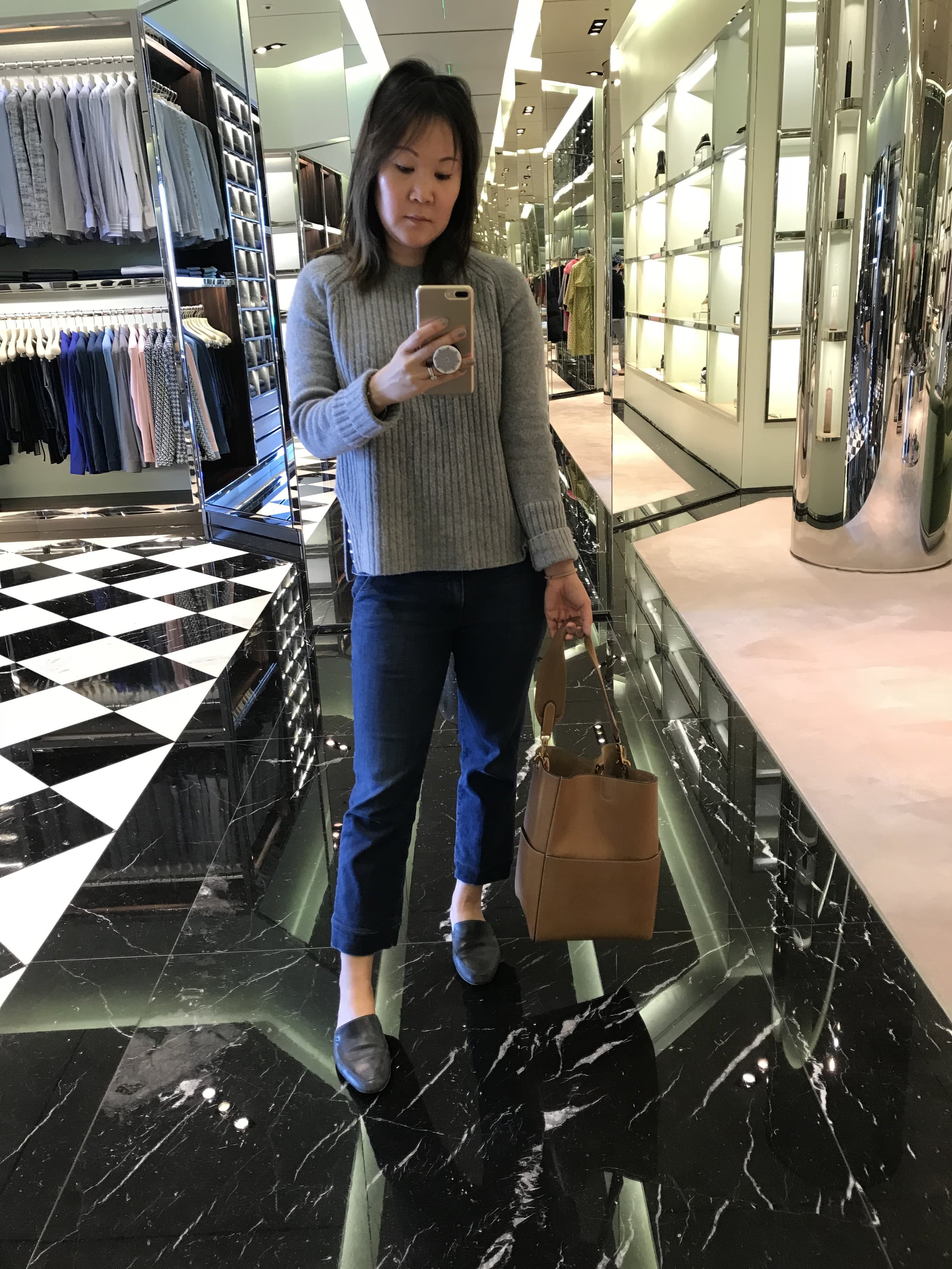 Trying on the Celine Small Boston Bag