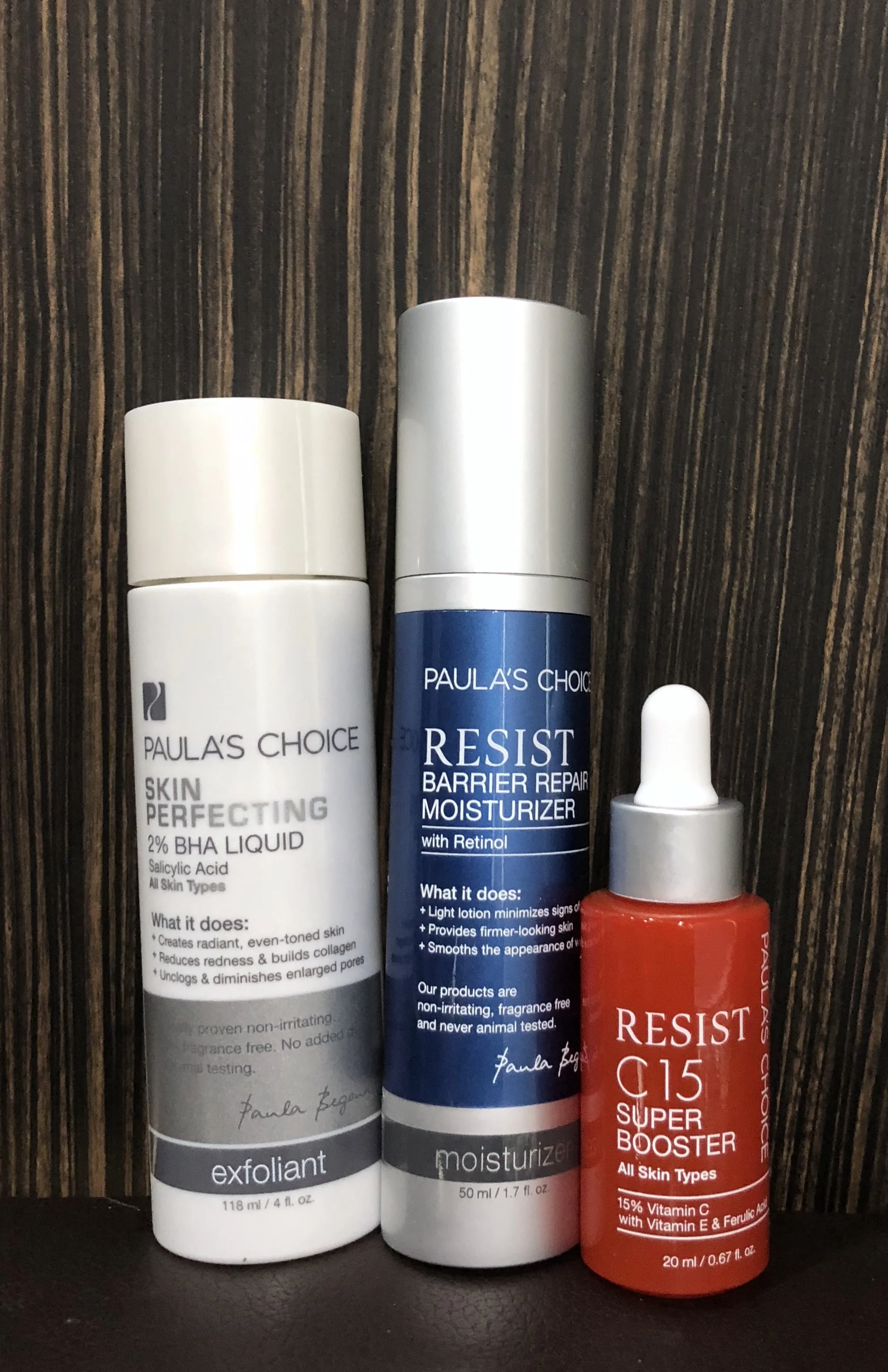 Paula's Choice Review 2 BHA liquid, Resist Barrier Repair Moisturizer, and Resist C15 Booster