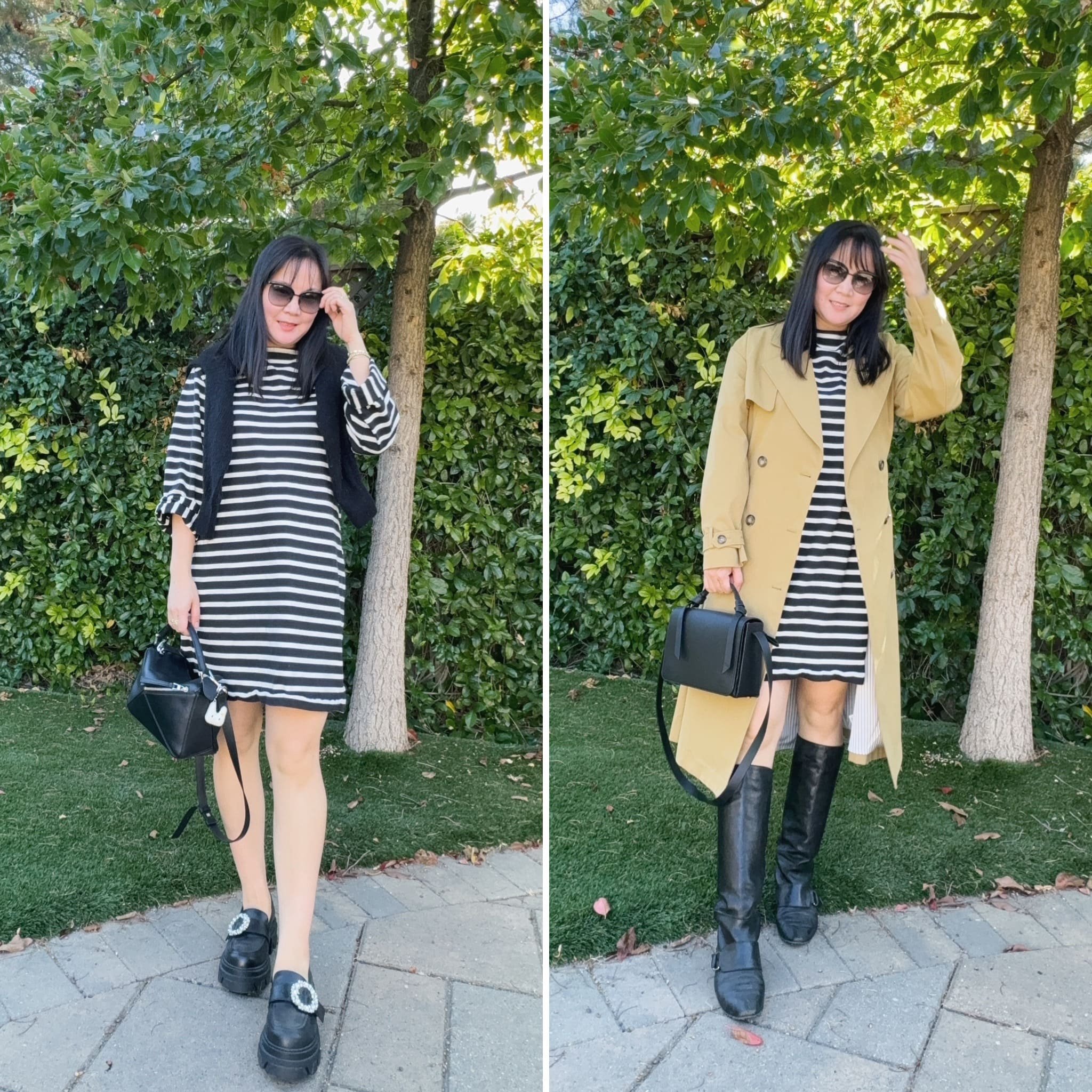 Everlane 2023 Review: Wide Leg Dream Pants, Organic Cotton Striped Tee  Dress, and Felted Merino Half-Zip Sweater — Fairly Curated