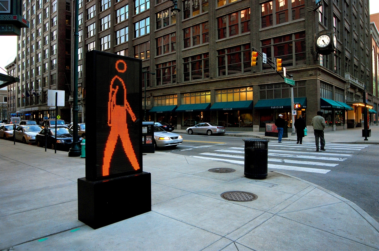 Bruce walking, 2004 Two double-sided LED panels; paint, aluminium, steel, and glass 73.5 x 31.5 x 12 inches each LED Location: Intersection of Washington and Meridian streets