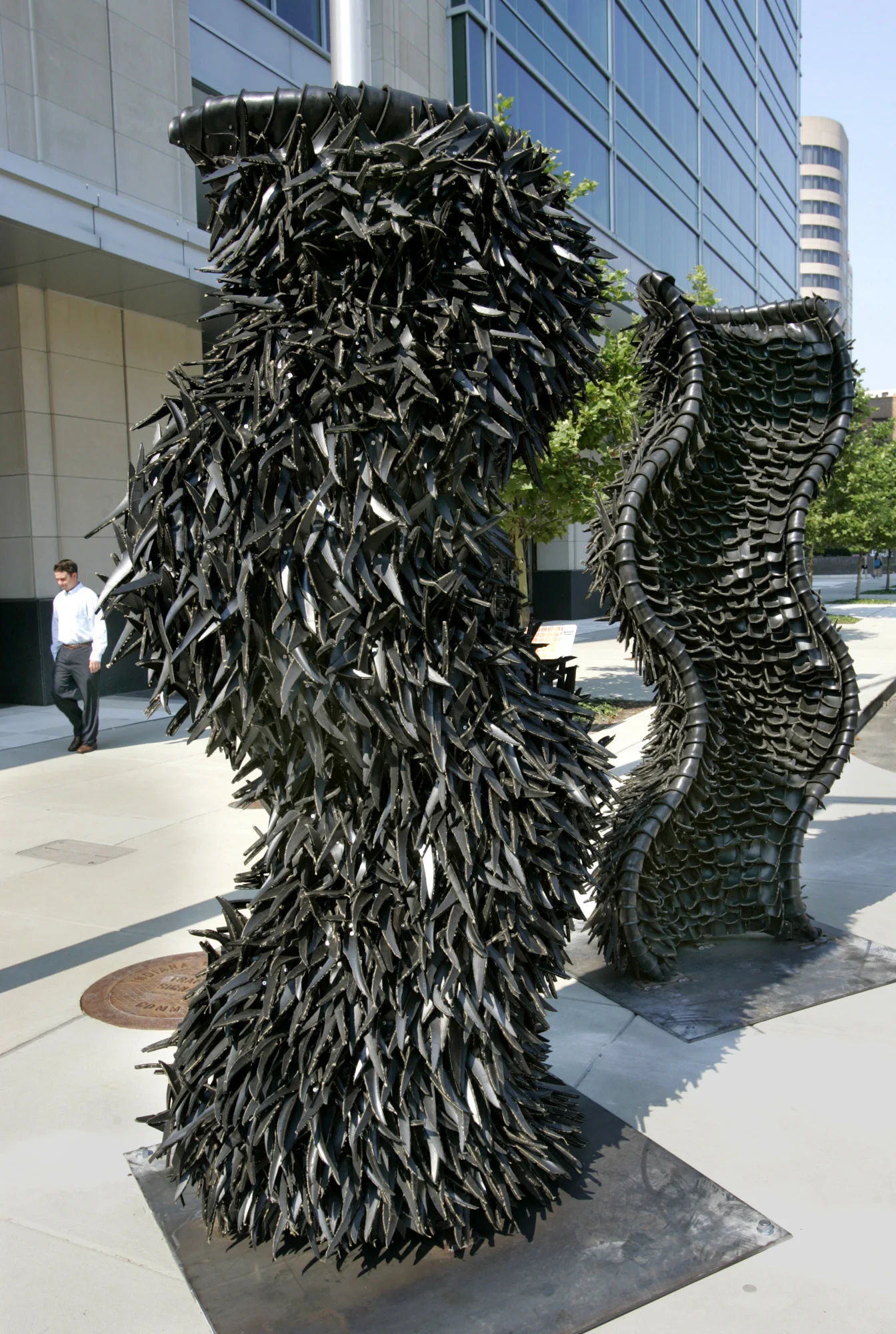 Gridlock, 2008 Rubber tires and stainless steel 9 feet tall, width and depth vary by installation Location: Southwest corner of Washington & Capitol Sts., adjacent to Simon Headquarters