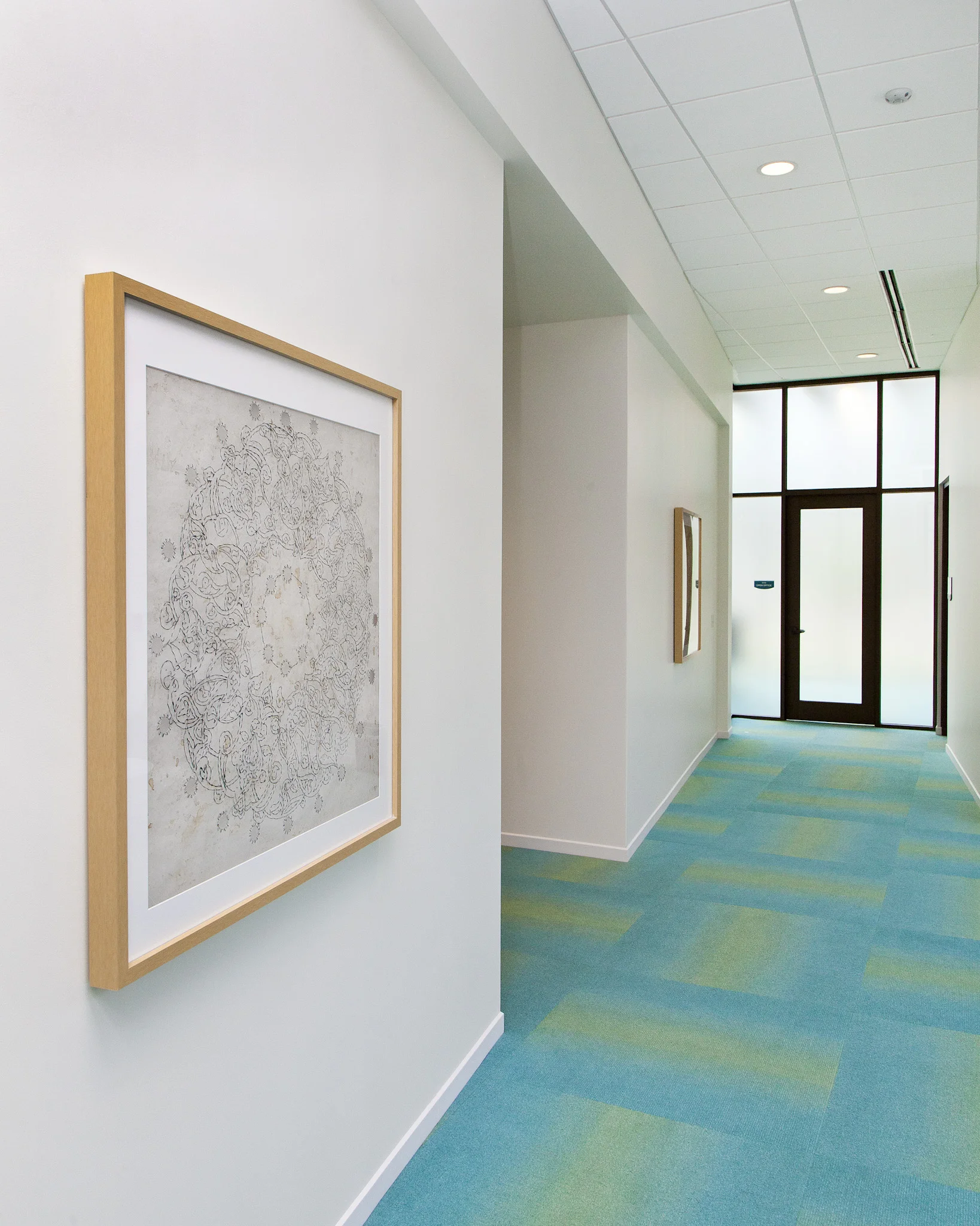 Anila Quayyum Agha (Born Pakistan, lives Indianapolis, IN) Dareecha IV , 2012 Dareecha VI , 2015 Mixed media on paper (hand cutting, embroidery with beads, dyes, ink) 41 x 42 inches unframed Patient waiting area for massage and chiropractic rooms. ALL PHOTOGRAPHY (C) Hadley Fruits, 2016
