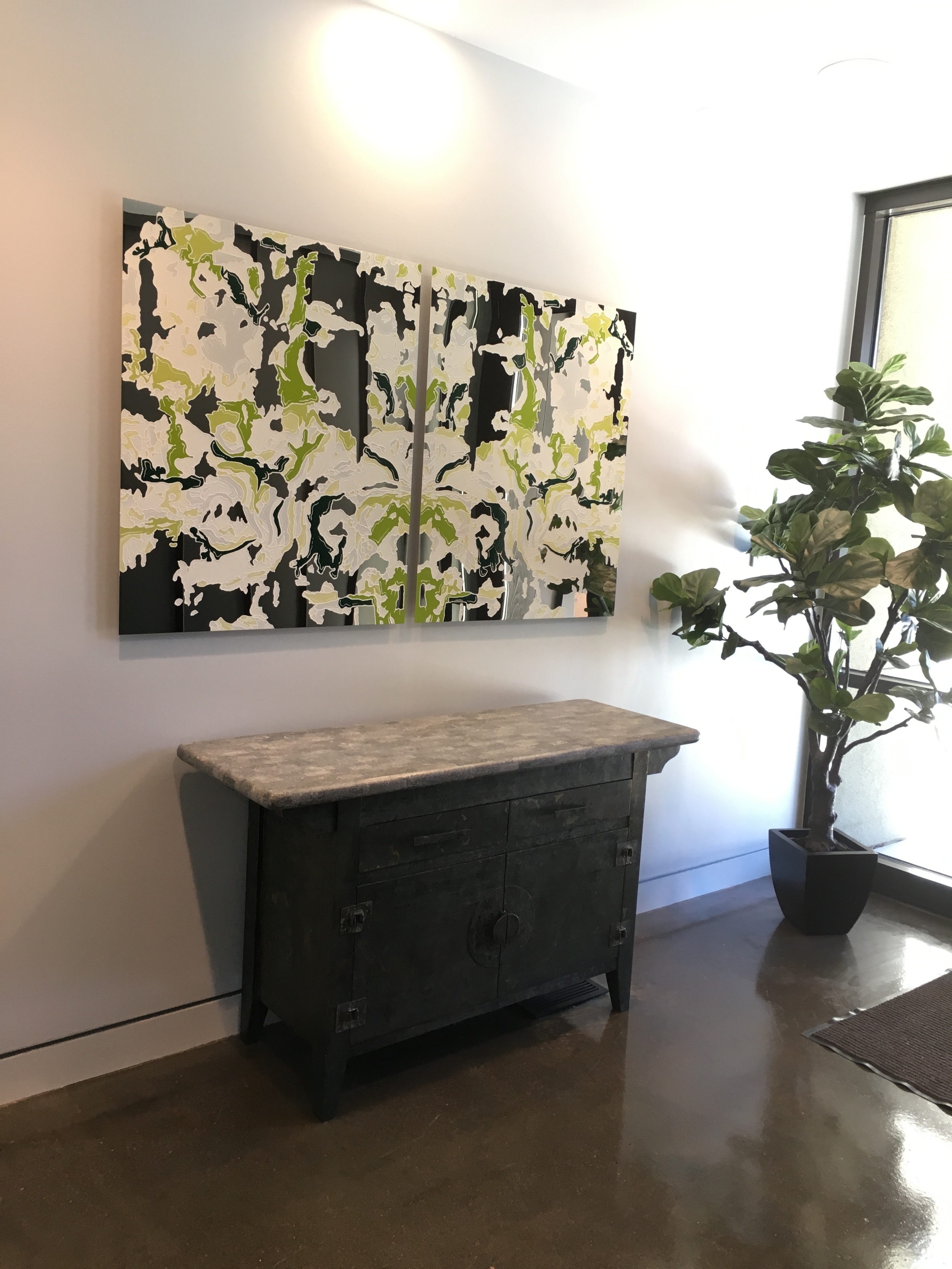  J Ivcevich   (American, b. 1971)  Green Shred Diptych on Steel,  2014 Oil based enamel and polymer on mirrored polished stainless steel 36 x 60 inches 