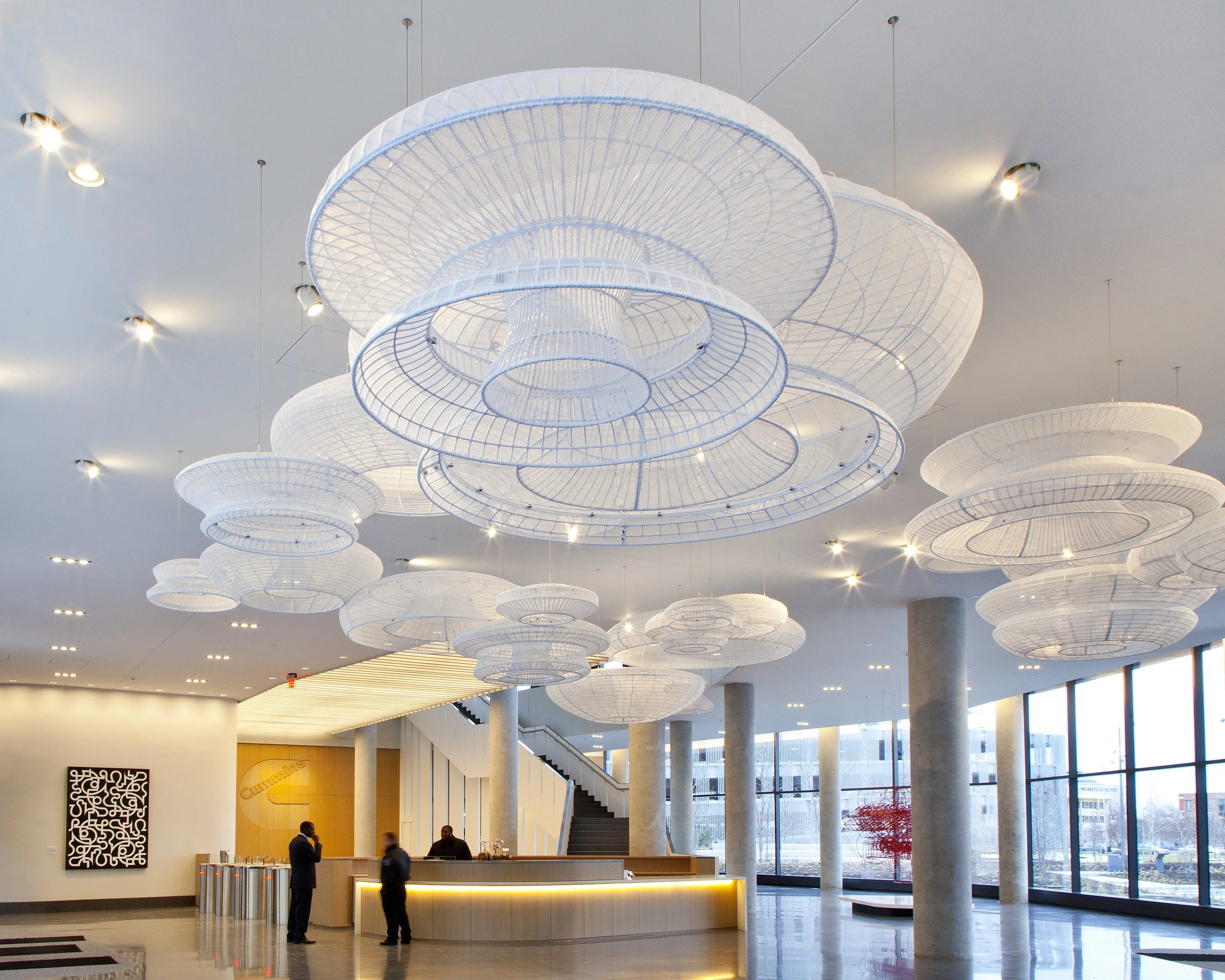Kendall Buster (American, b. 1954) Torque Moment Torque Momentum , 2016 (This and remaining photos are by Hadley Fruits. ) In considering the language of the constructed engine, the design of the artwork has its genesis in the idea of the rotating circle. The template for the design was developed by beginning with circles and cylinder shapes, and then generating in the studio three-dimensional forms through a process not unlike machine lathing. The aim was to create unique sculptural parts that individually and in configuration suggest both the delicacy of mechanical engineering line drawings and the complex workings of the machine.