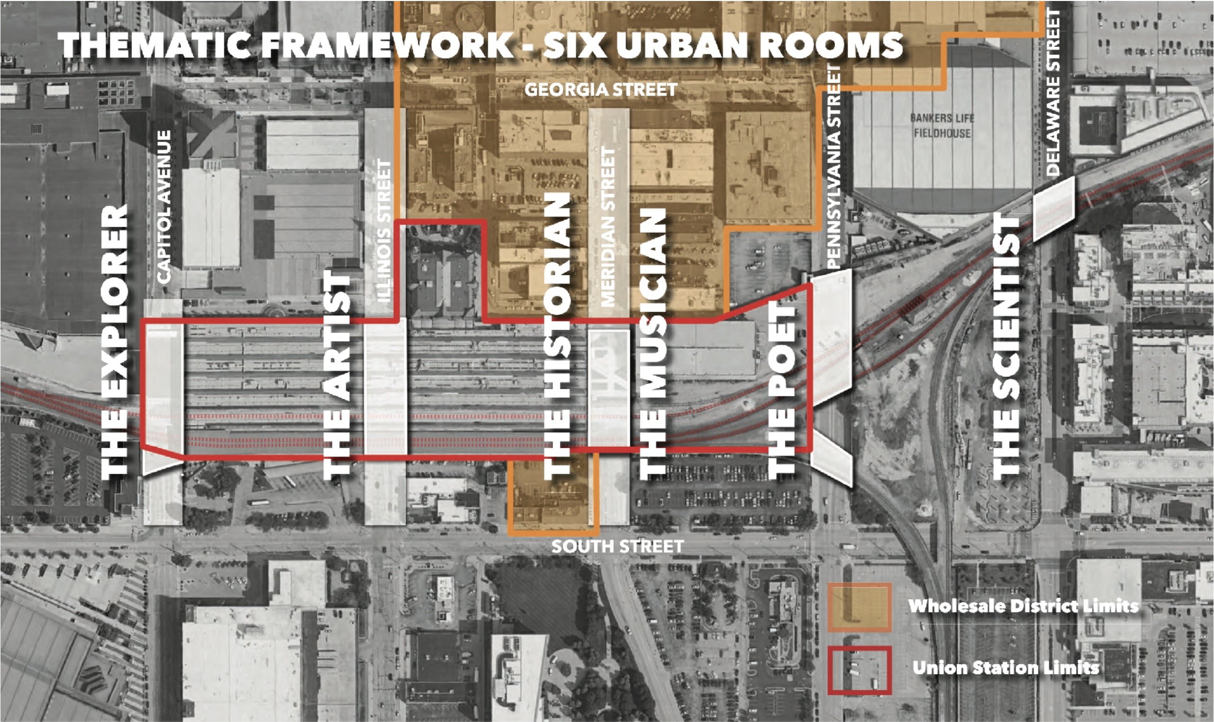 In 2023, Art Strategies was approved and funded for a scope of work to solicit site-specific, integrated art proposals for the first three underpasses—or rooms—at Capitol Ave., Illinois St., and Meridian St. The following are excerpts of the propos