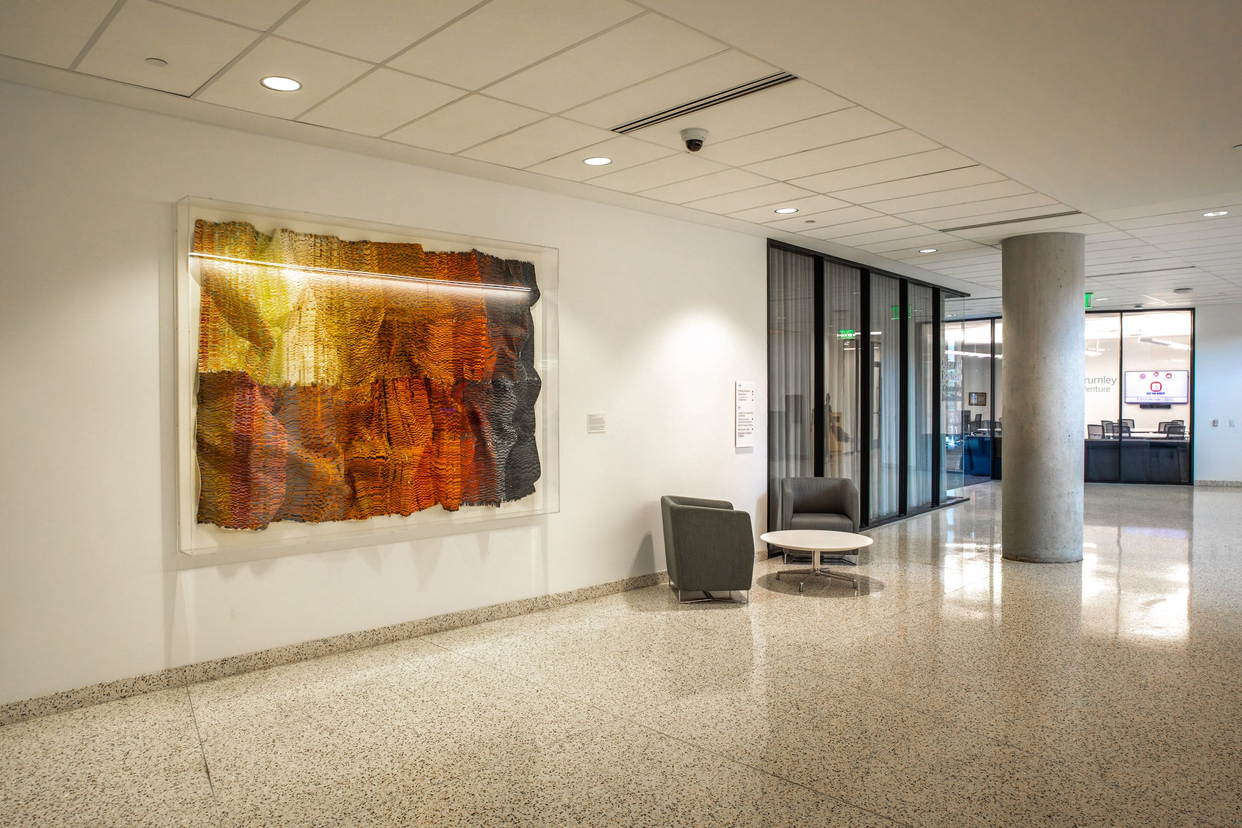   Kenny Nguyen  (Vietnamese American, b. 1990)   Encounter Series #45 , 2025 Hand-cut silk fabric, acrylic paint 71 x 109 inches  The art program incorporates works representing a variety of perspectives and media.   Using silk, a culturally signific