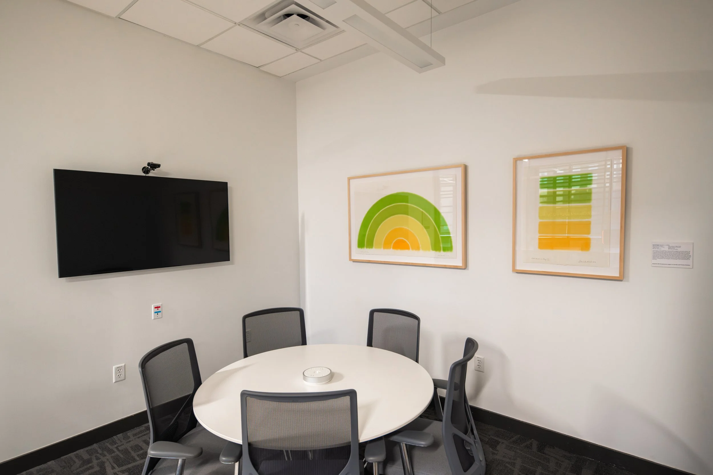   David Nash  (British, b. 1945)   Oak Leaf Arch  and  Oak Leaves in May  ,  2023 Pastel stencil on Arches Edition of 30 26 1/4 x 41 inches each  In addition to placing art in the building's public spaces, Art Strategies curated art for ten interior-