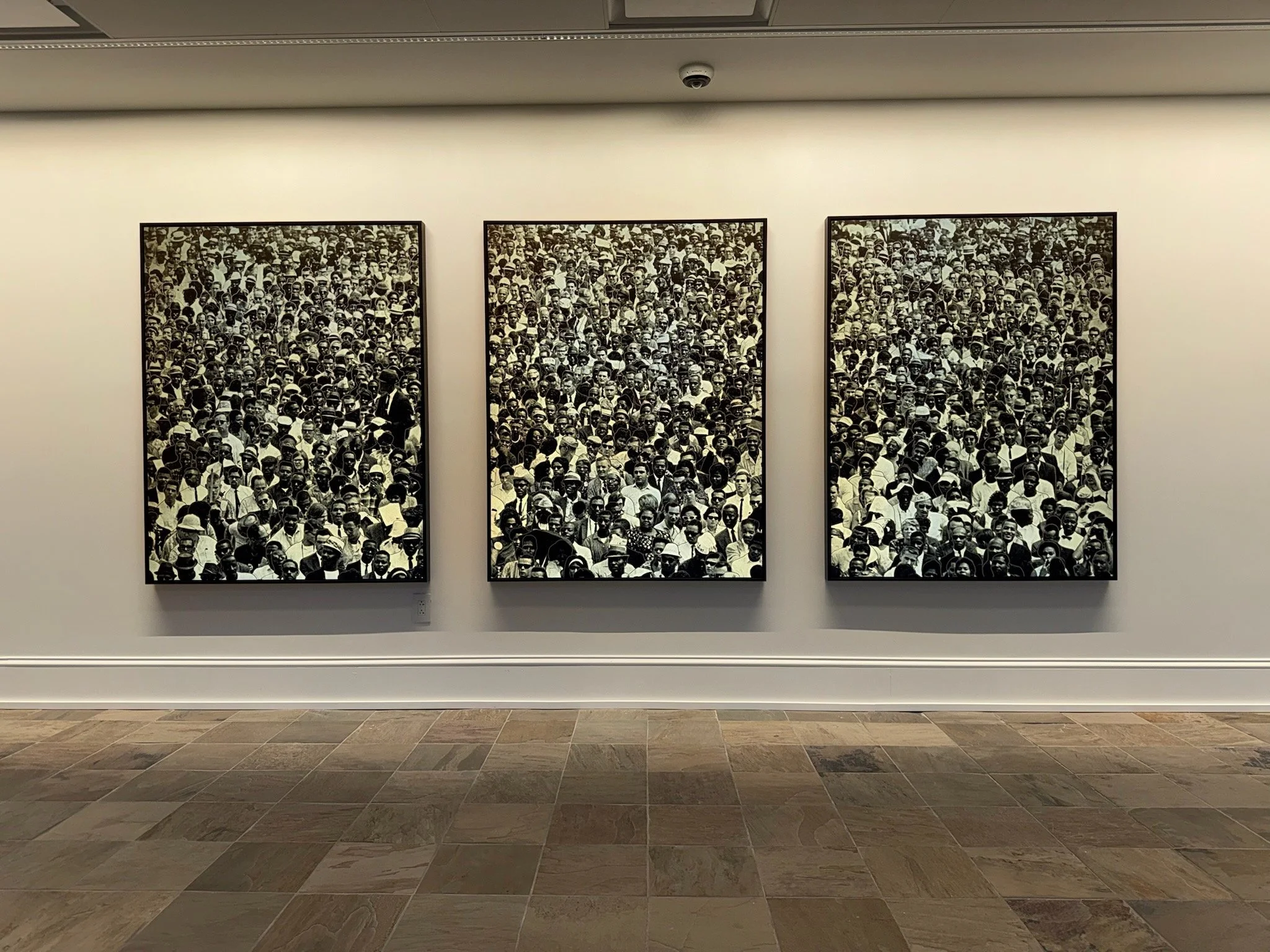  Hank uses a variety of media, including&nbsp;mirrors and retroreflective vinyl—an industrial material rarely used in the arts—to challenge perspectives in his&nbsp;work,&nbsp;exploring often-overlooked historical narratives. This triptych depicts im