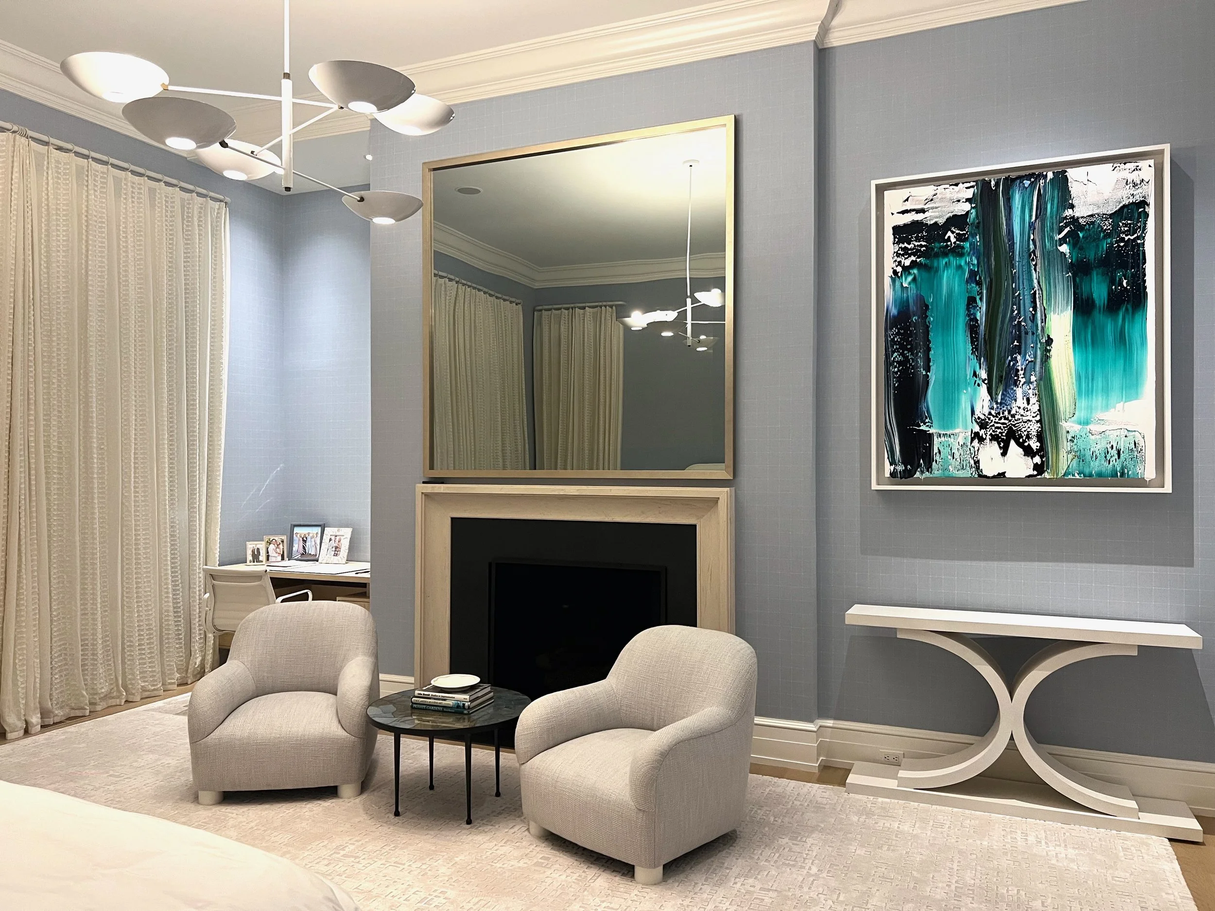  One wall in the master bedroom is anchored with a painting by Jason Martin.   Jason Martin  Chapter &amp; Verse,  2023 Oil on aluminum 54 × 43 inches 