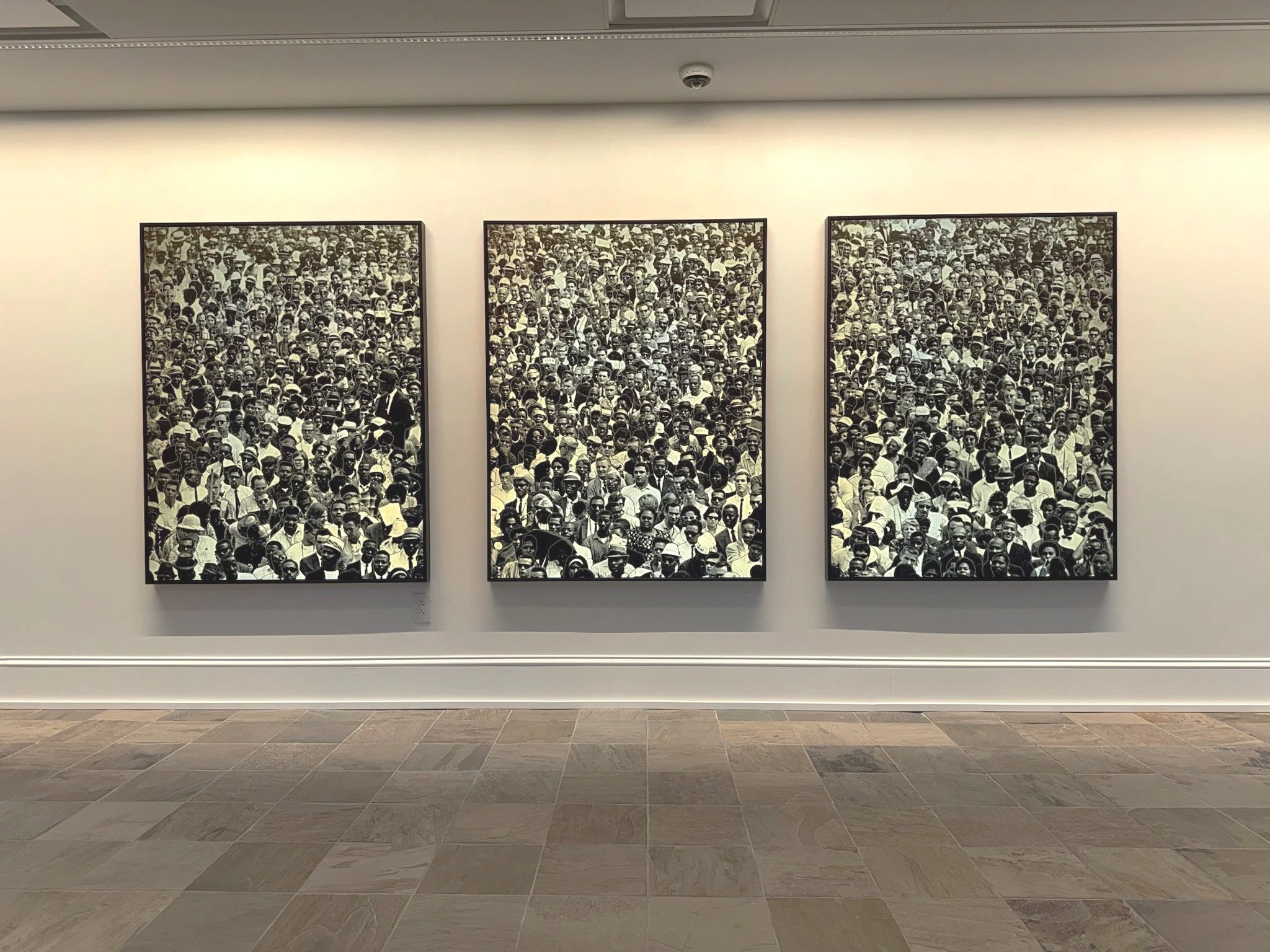  Hank uses a variety of media, including&nbsp;mirrors and retroreflective vinyl—an industrial material rarely used in the arts—to challenge perspectives in his&nbsp;work,&nbsp;exploring often-overlooked historical narratives. This triptych depicts im
