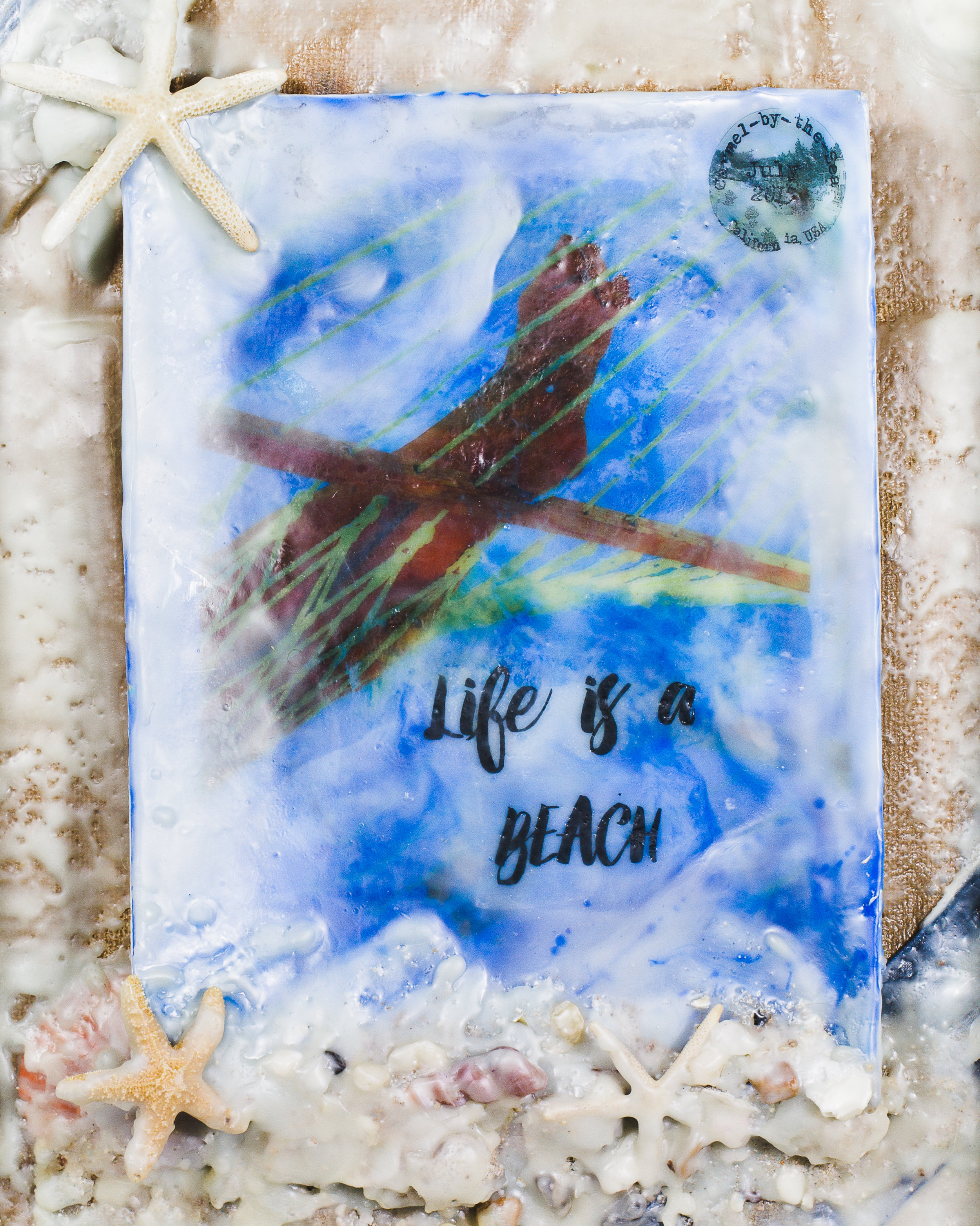 "Life is a Beach" Encaustic Mixed Media Painting on waxed Burlap with Sand and Sea Treasures in a Large Shadow Box