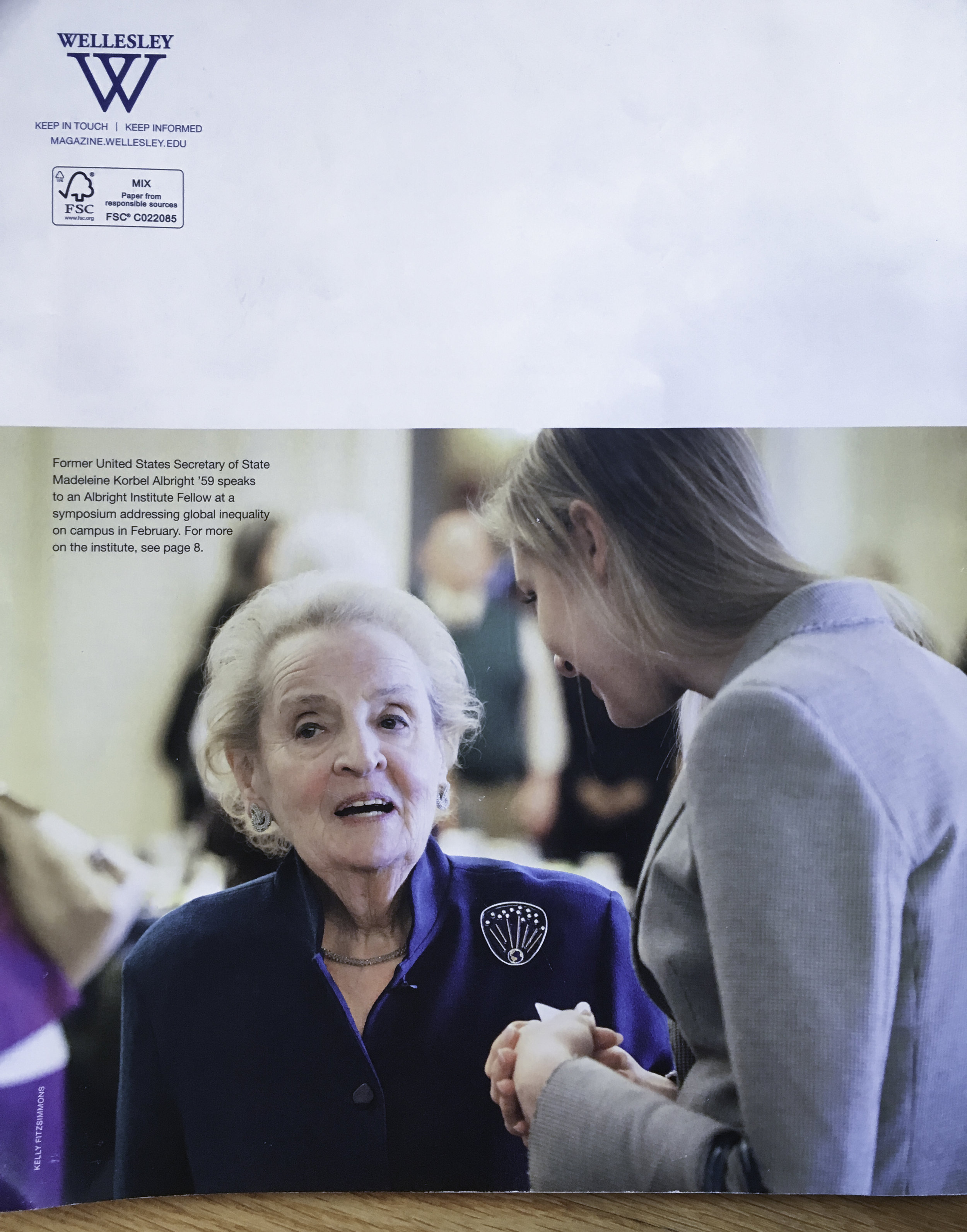 Former Secretary of State Madeleine Albright chats with a student at the annual Albright Institute at Wellesley College.