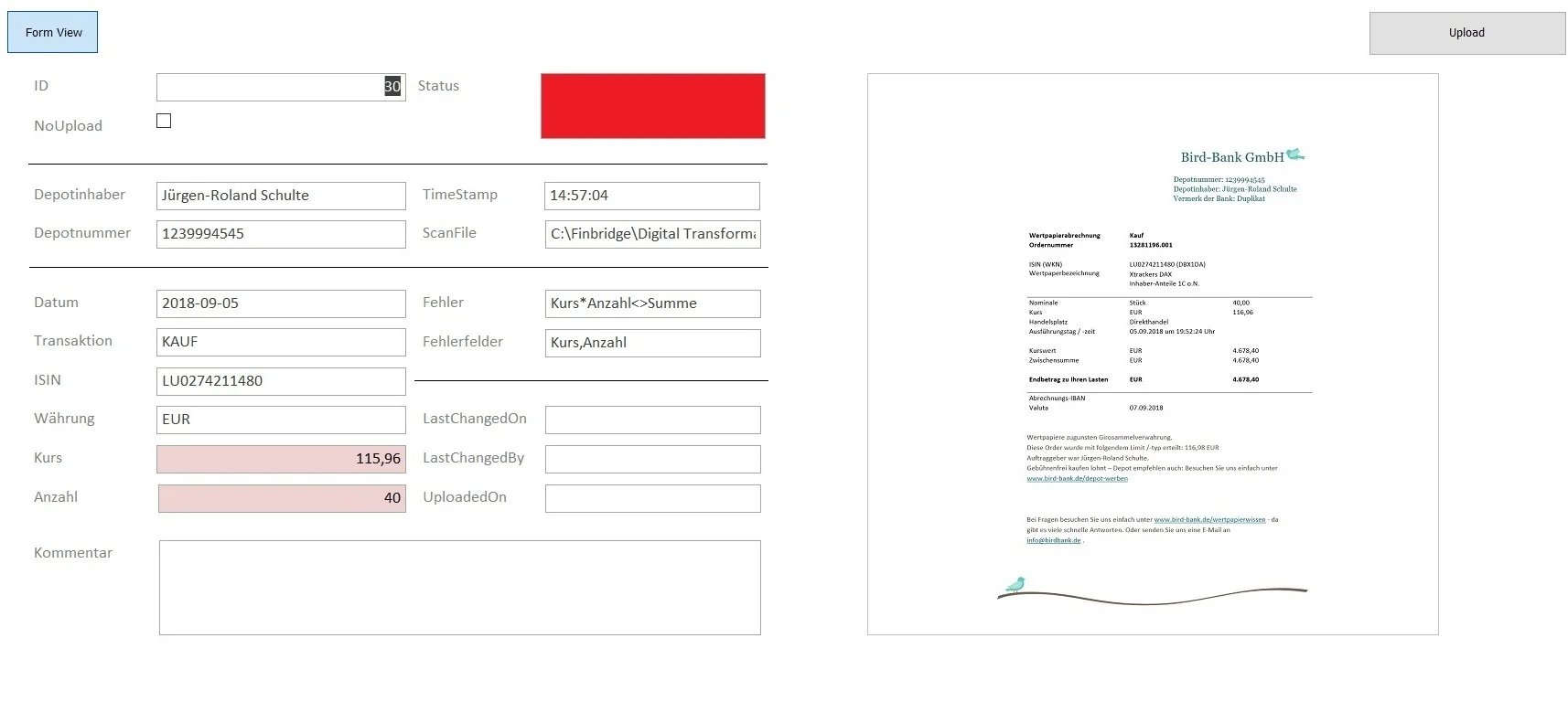 Abbildung 5: Front-End zur manuellen Bearbeitung der Datensätze, die nicht vollständig via Algorithmus ausgelesen werden konnten. Quelle: Finbridge GmbH & Co. KG