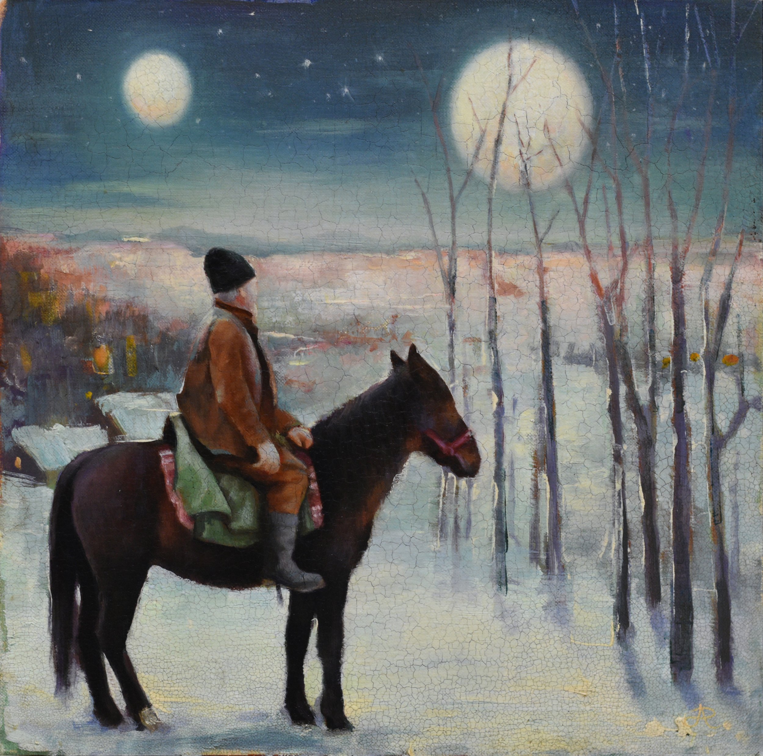 An oil painting by Joshua Adam Risner of a painting of a man riding a horse through a snowy landscape under a full moon, with bare trees and a distant horizon in the background.