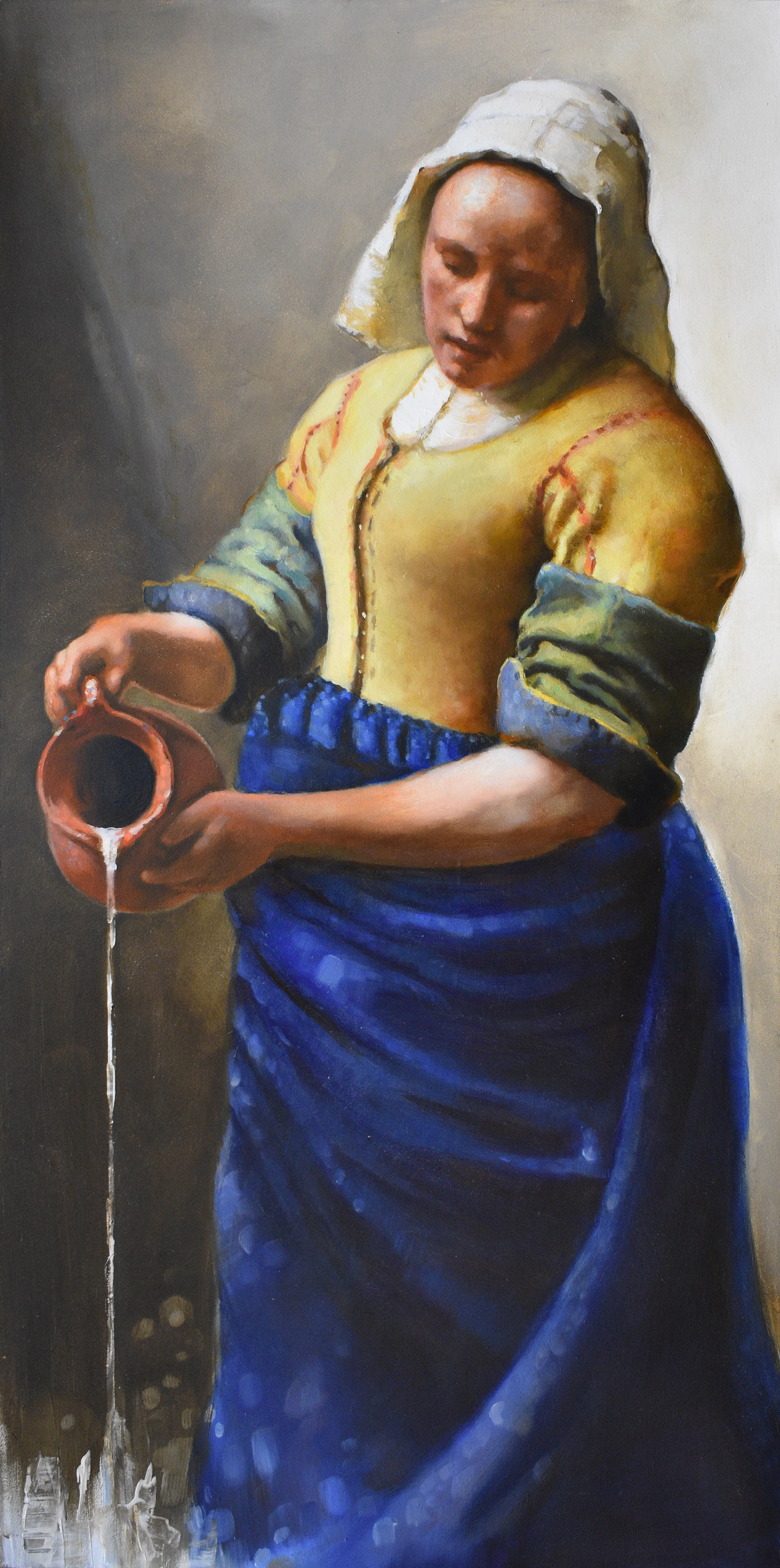 An oil painting by Joshua Adam Risner inspired by Vermeer's Milkmaid of a woman wearing a headscarf and a yellow blouse with rolled-up sleeves, holding a jug, pouring water.