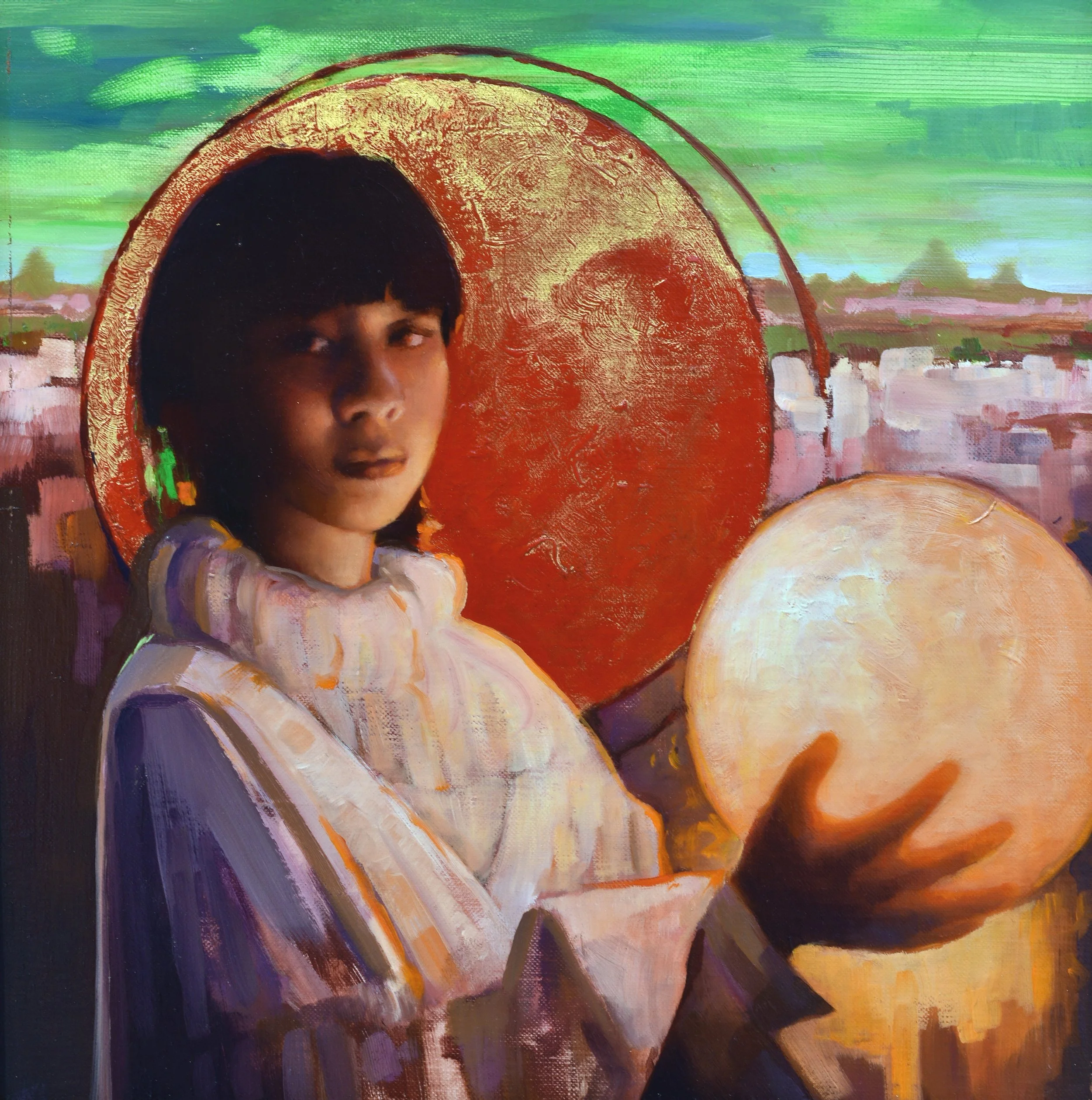 An oil painting by Joshua Adam Risner of a woman holding a glowing orange orb in front of a colorful, abstract background with large circular elements and a cityscape.