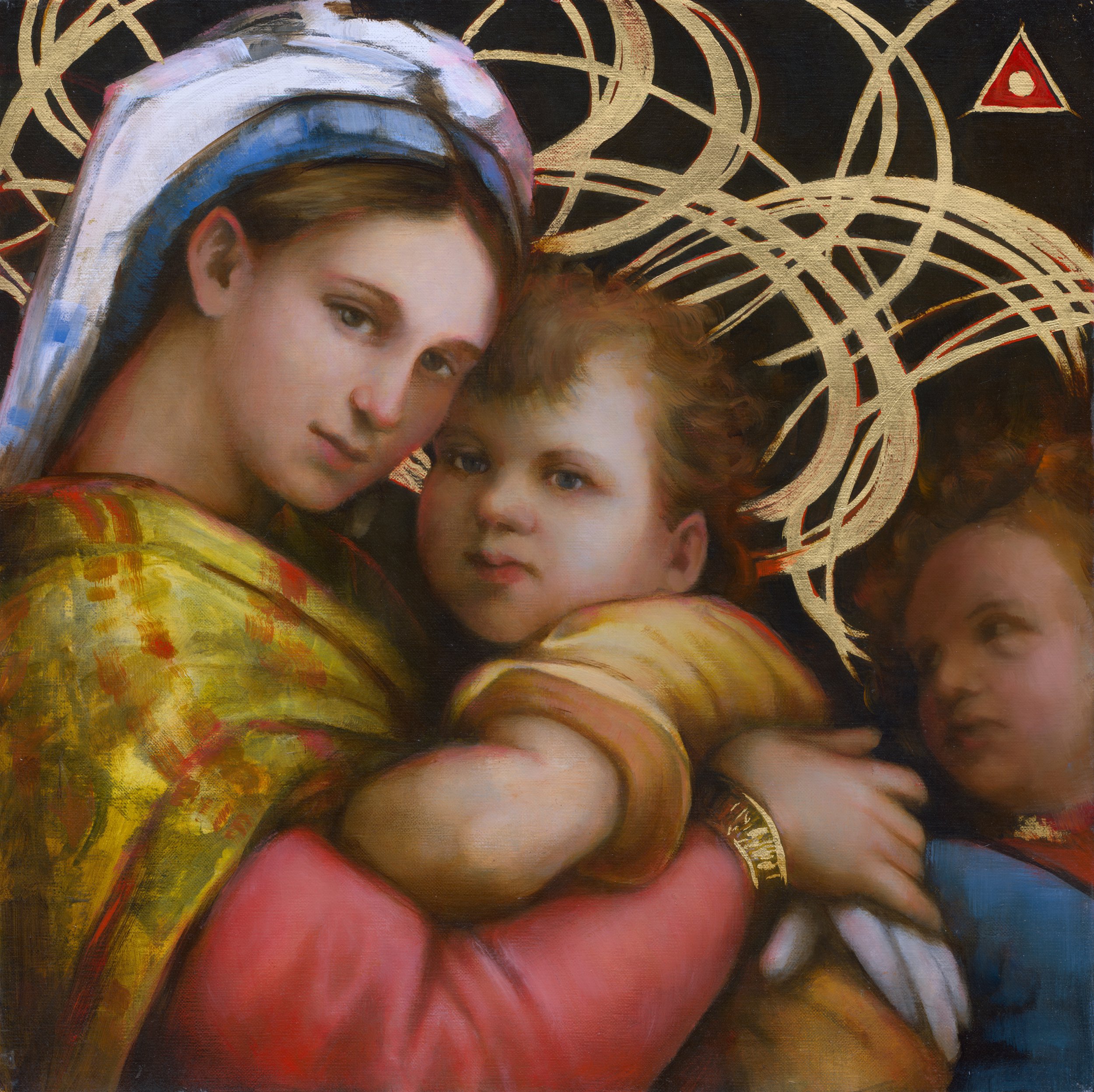 An oil painting by Joshua Adam Risner inspired by Raphael of a religious painting of the Madonna holding two children, surrounded by a decorative background with gold and black patterns.