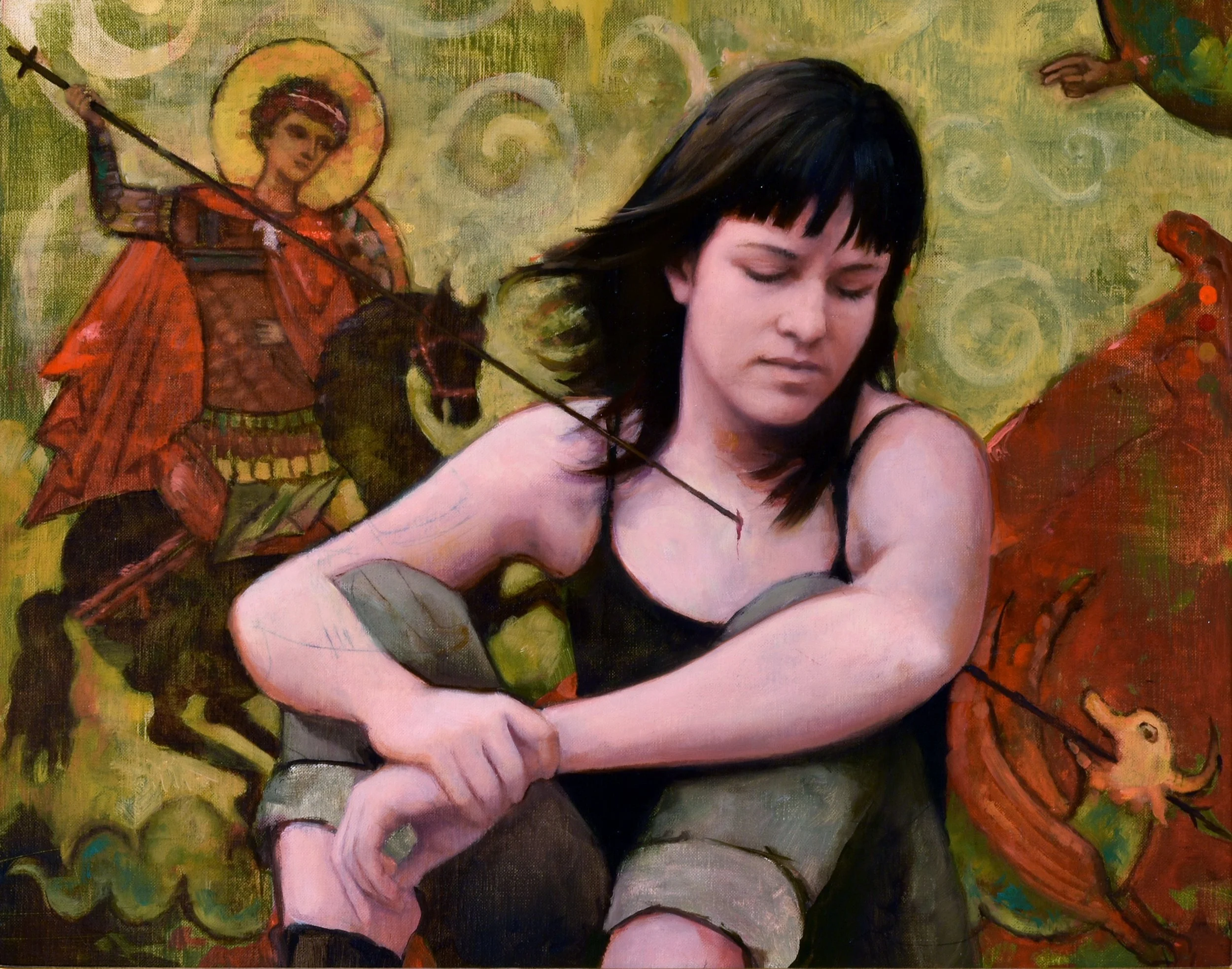 An oil painting by Joshua Adam Risner of a woman with black hair and a black tank top sitting with her arms resting on her knees, in front of a painted background featuring a saint George riding a horse and a red dragon.