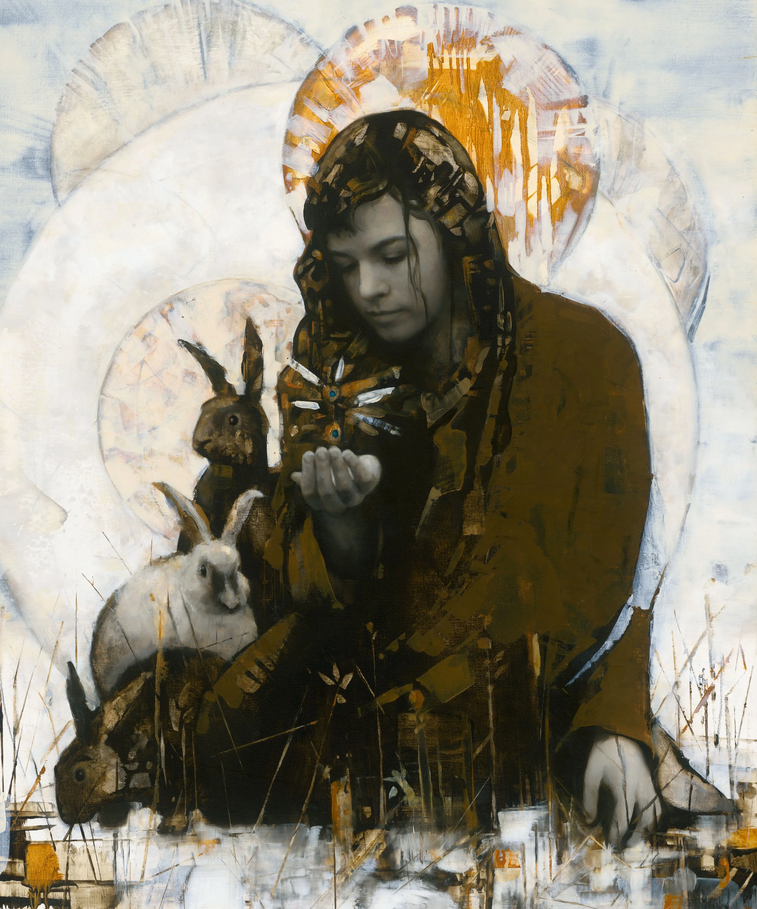 A woman with dark hair and a brown coat holding a butterfly, surrounded by rabbits, with a background of abstract circles and warm earth tones.