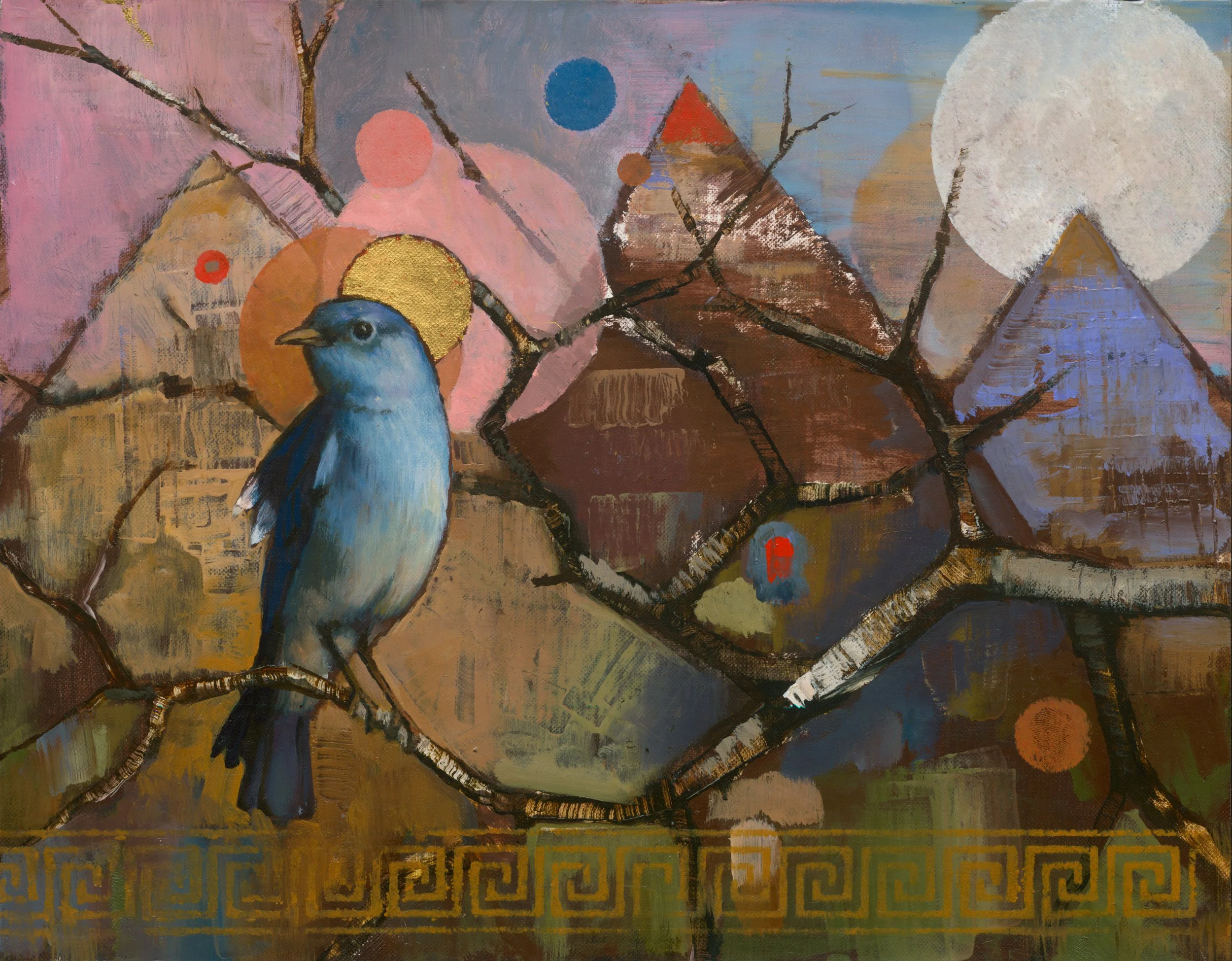 A painting featuring a blue bird perched on a branch, with abstract geometric mountains, circles, and a large white moon or sun in the background.