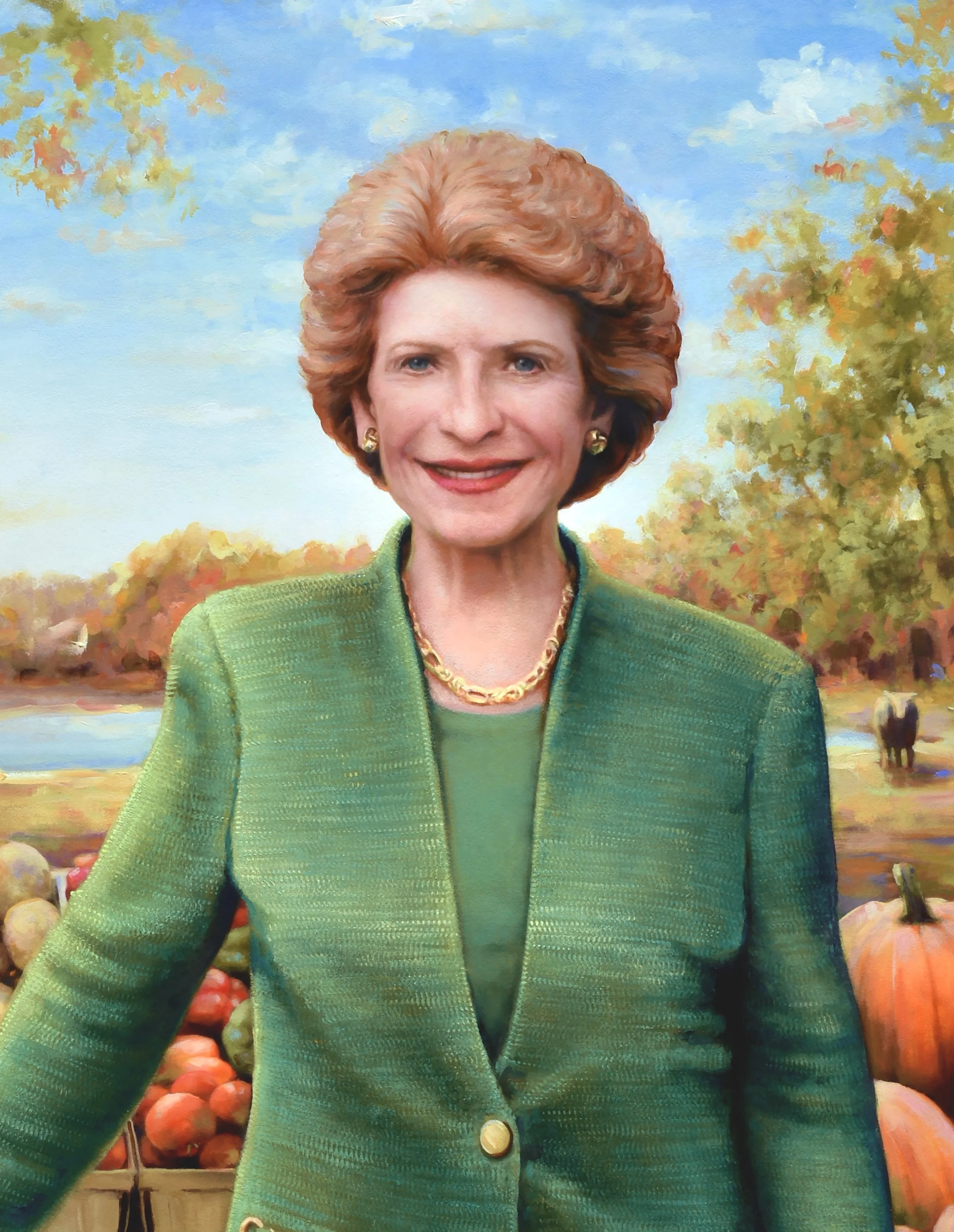 Oil portrait painting of US Senator Debbie Stabenow. Painted by Michigan portrait painter and fine artist Joshua Adam Risner.