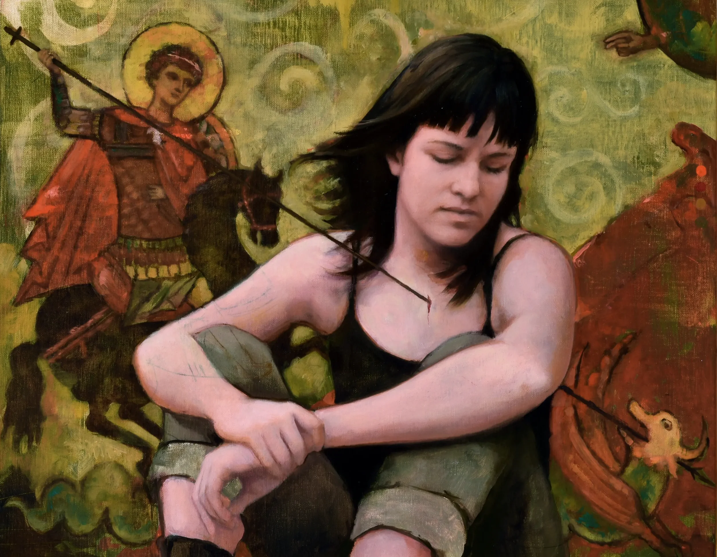 Jill and the Dragon oil painting by Joshua Adam Risner.  A woman caught in between Saint George and the Dragon.