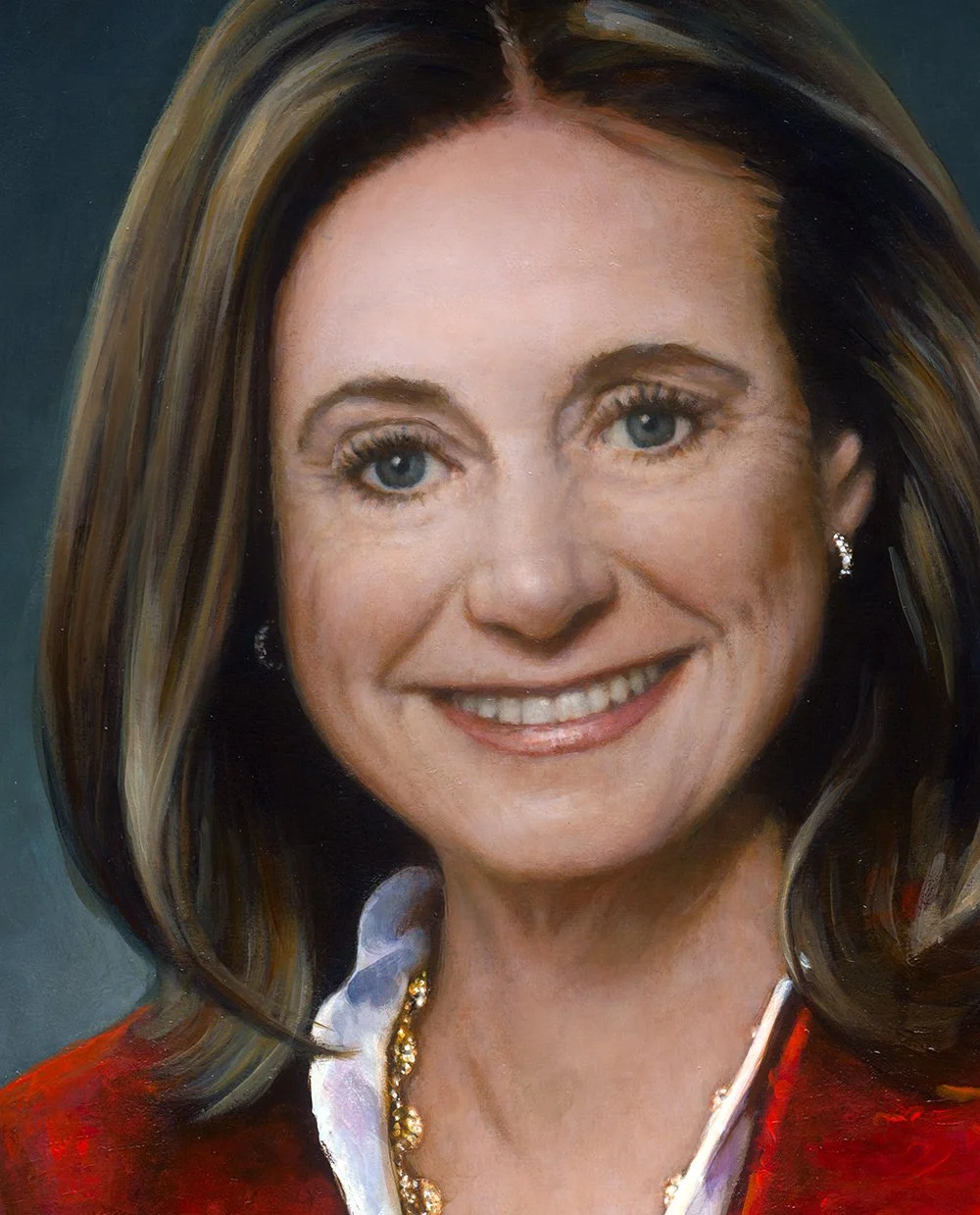 An Oil portrait painting close-up of Executive Woman in Red Jacket by Joshua Adam Risner