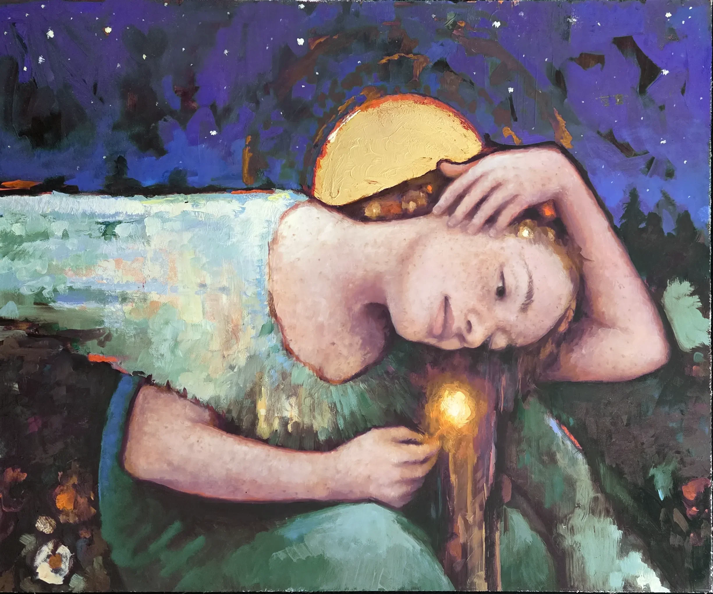 Outer Light painting by Joshua Adam Risner. A young woman with a wing pondering the light outside of her.