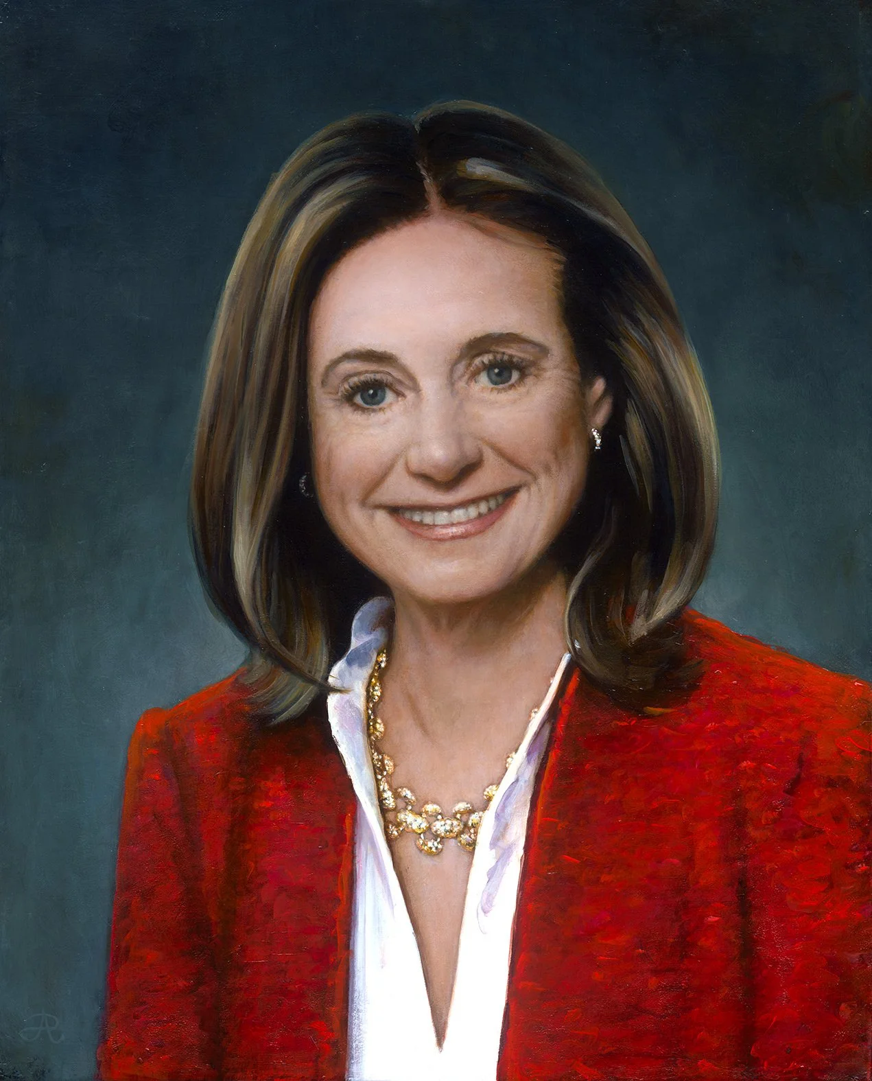 An Oil portrait painting of Executive Woman in Red Jacket by Joshua Adam Risner