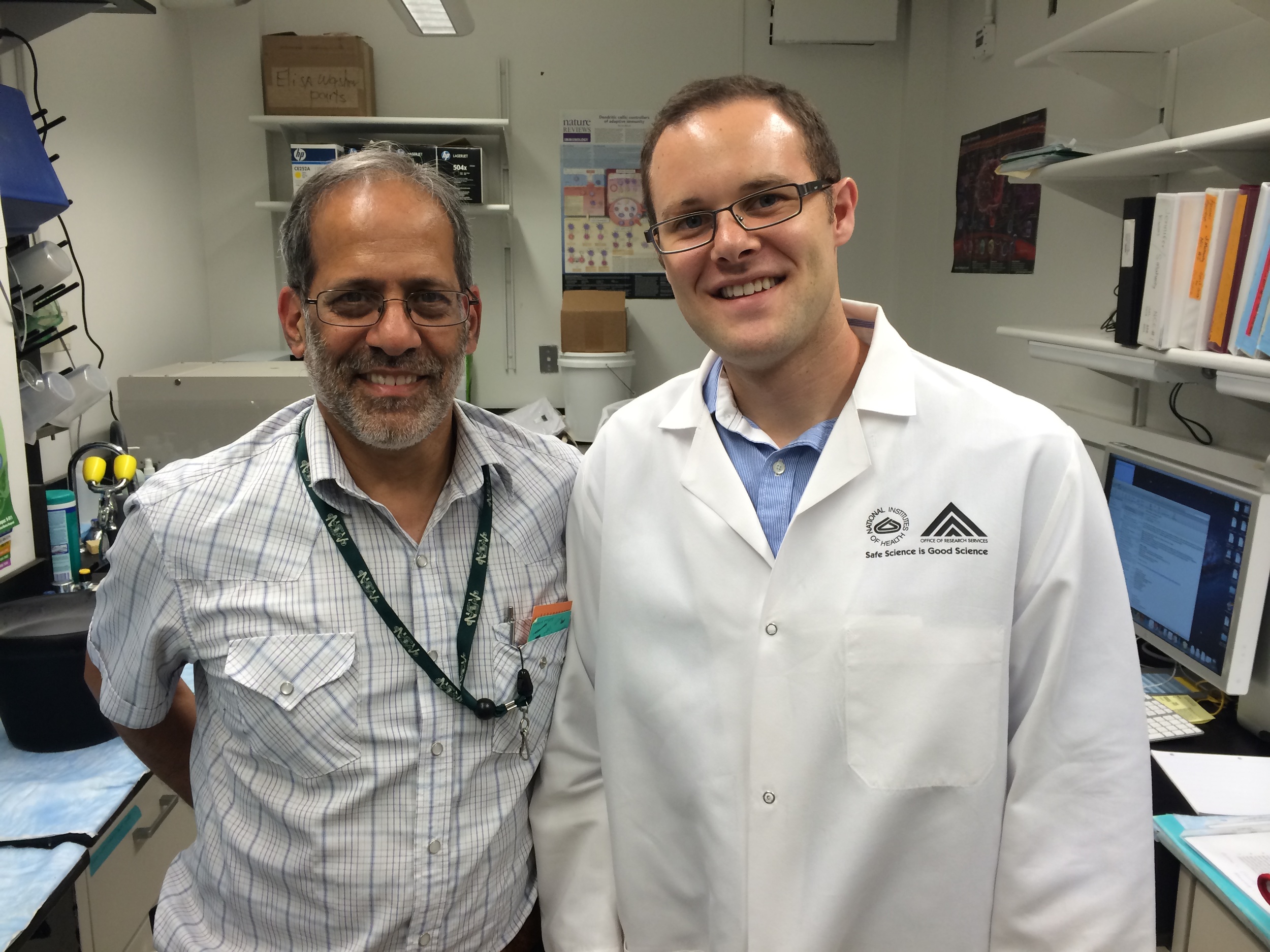  Graduate student Stephen Johnson (right) with our collaborator&nbsp; Siddhartha Mahanty (NIH) at the National Institutes of Health, Bethesda, MD  