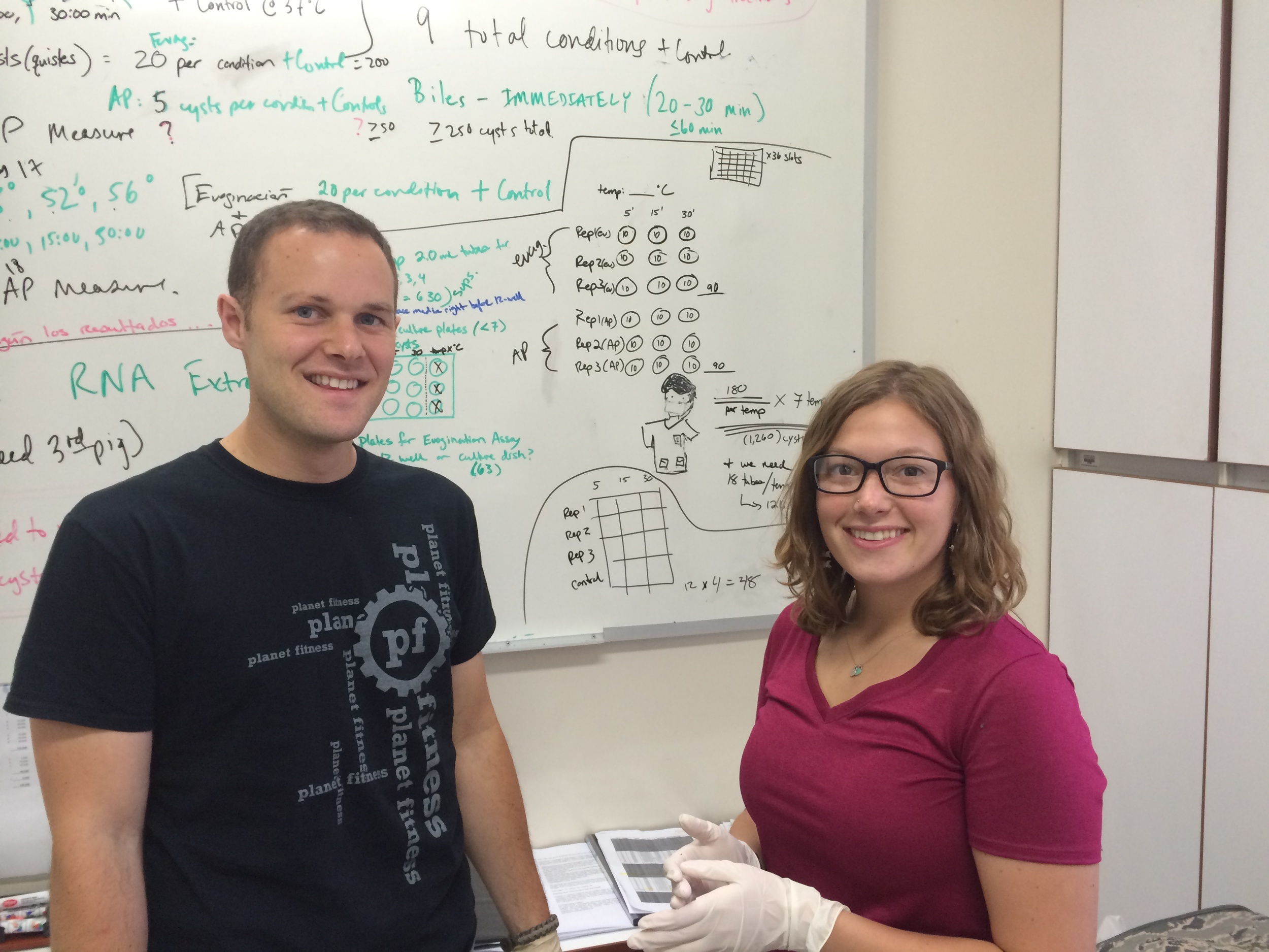  Graduate student Stephen Johnson and undergraduate Abby Koenig, here in Peru planning out their tapeworm functional genomics experiments. 