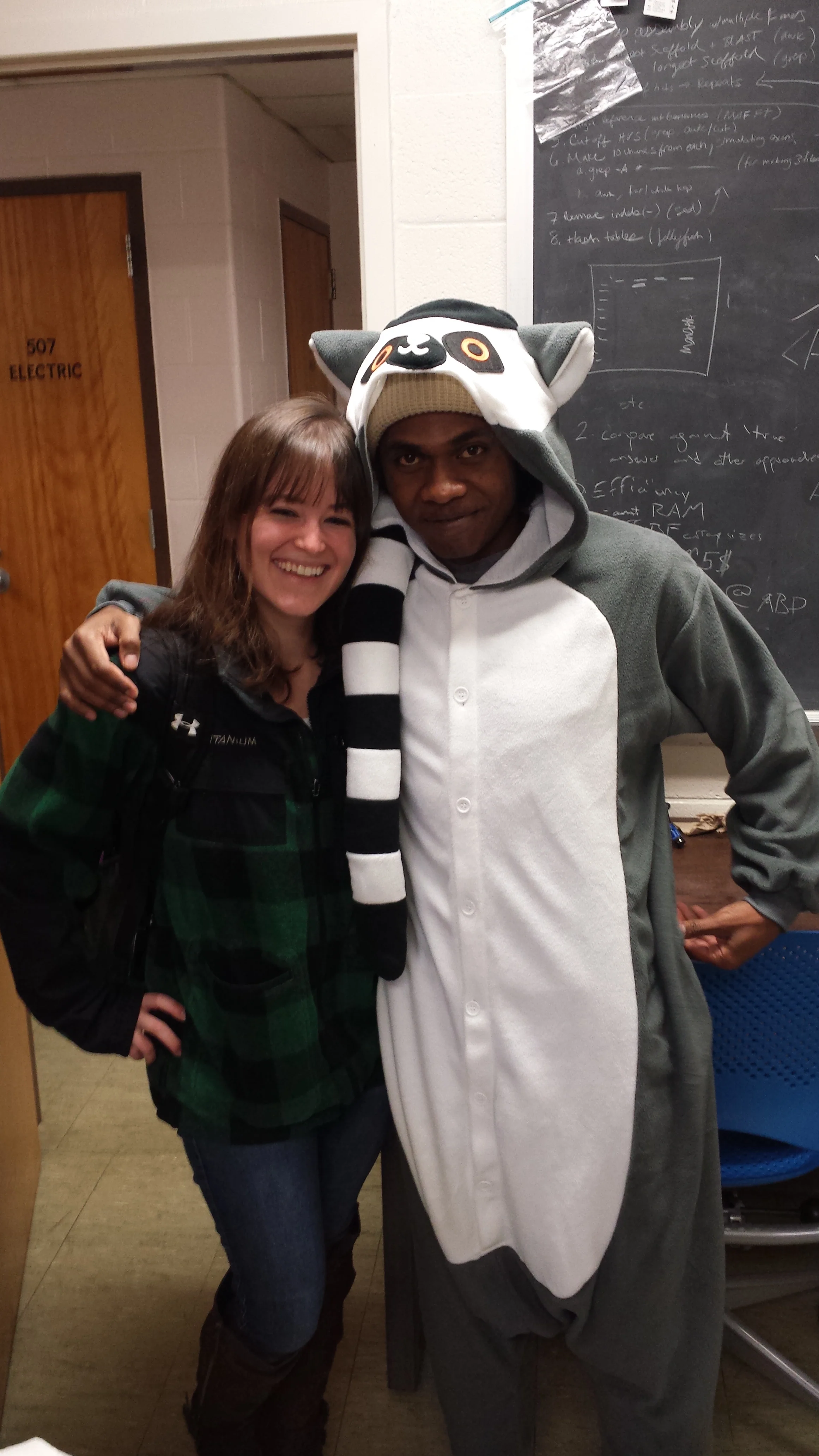 Graduate students Alexis Sullivan and Heritiana Randrianatoandro (as a ring-tailed lemur!) in their office.