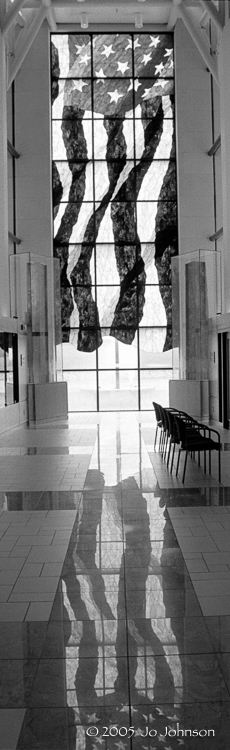Stained glass reflection. Dole Institute, Lawrence KS.