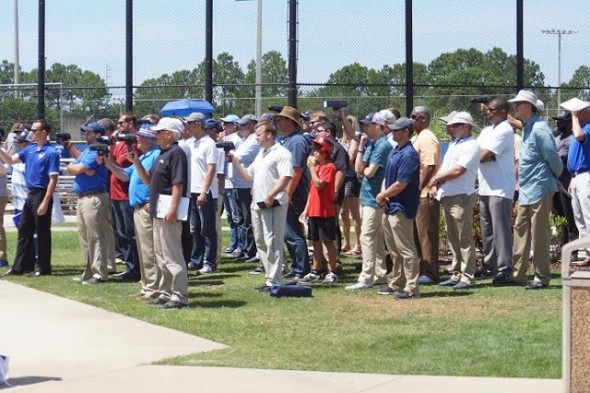 RHP Mike Soroka (Calgary, Alta.) drew a crowd of roughly 75 pro scouts to the Bobby Mattick facility Wednesday. He turned in three perfect innings of relief facing the Toronto Blue Jays extended spring roster. The best high school arm in Canada struck out five. Photos: Eddie Michels.