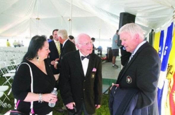Marie and Jim Fanning talk to Canadian Baseball Hall of Fame inductee Dave Van Horne after recent induction ceremonies in St. Marys.