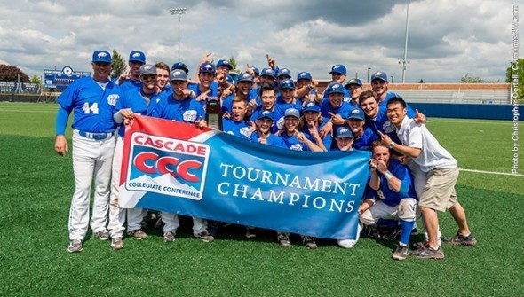 The UBC Thunderbirds celebrate on the mound after Curtis Taylor (Port Coquitlam, BC) retired the side in order for a 5-2 win over the Concordia Cavaliers to win the NAIA West grouping in Portland.