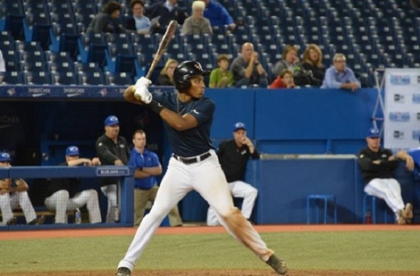 OF Isaac Deveaux (Montreal, Que.) who homered last September in Tournament 12 II for the Futures Navy against Atlantic Grey is expected back this fall with Quebec Blue. Photo: Nick Ashbourne