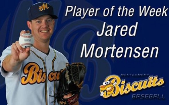 RHP Jared Mortensen (Abbotsford, BC) pitched six scoreless innings as the Double A Montgomery Biscuits scored a 7-2 win over the the Mississippi Braves. He now has a string of 13 consecutive scoreless and earned Southern League Pitcher of the Week honors. 