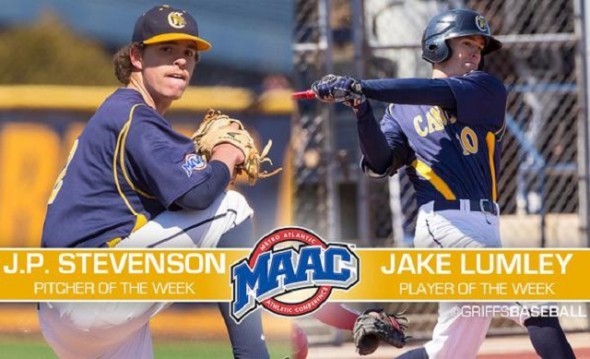 Coach Mike McRae (Niagra Falls, Ont.) guided his current school, the Canisius Griffs, to a doubleheader sweep over his old team, the Niagara Purple Eagles, thanks to J.P. Stevenson (New Glasgow, PEI) and Jake Lumley (Windsor, Ont.) who won pitcher and player of the week earlier in the MAAC. Photo: Tom Wolf Imaging.