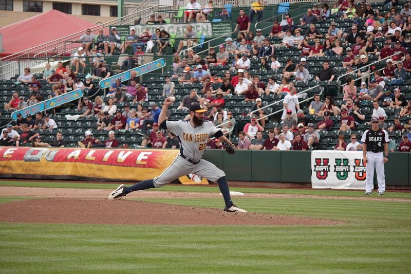 RHP Devon Stewart in action Saturday for the Canisius Golden Griffs against the Missouri State Bears. The Maple Ridge, BC native pitched 4 2/3 innings allowing four runs leaving trailing 4-1. Photo: Alexis Brudnicki.